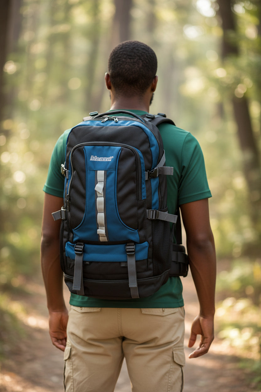 Person wearing a blue and black backpack in a forest. Monza Italy, Monza Outlet, Monza Fashion, Shein Outlet