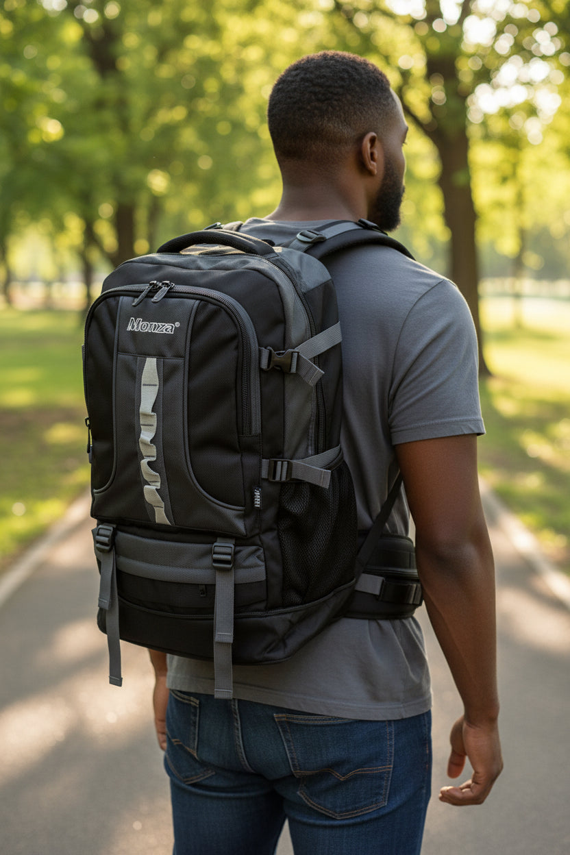 Person wearing a black backpack with visible branding in a park setting. Monza Italy, Monza Outlet, Monza Fashion, Shein Outlet
