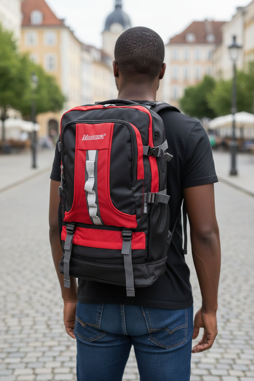 Person wearing a red and black backpack with a blurred city street in the background. Monza Italy, Monza Outlet, Monza Fashion, Shein Outlet