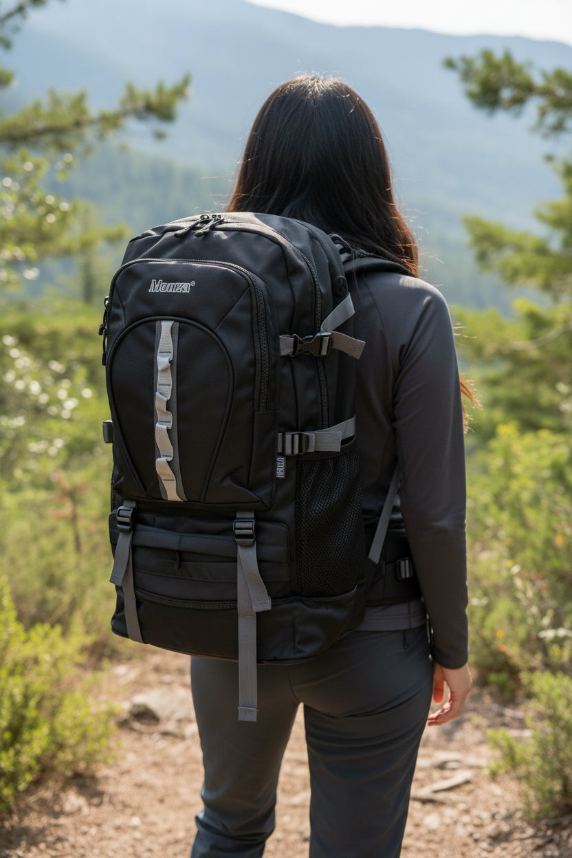Person wearing a black backpack in a mountainous area. Monza Italy, Monza Outlet, Monza Fashion, Shein Outlet