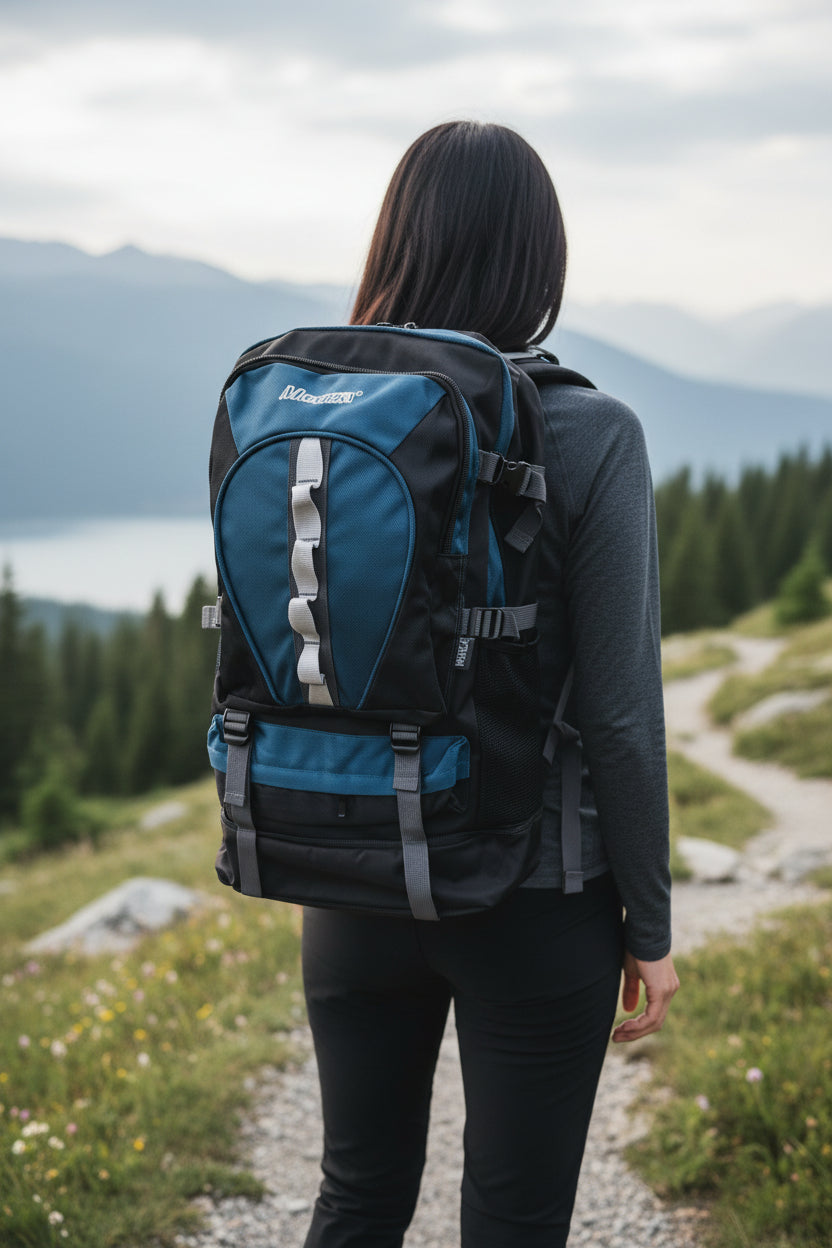 Person with a blue and black backpack standing on a trail with mountains and trees in the background. Monza Italy, Monza Outlet, Monza Fashion, Shein Outlet
