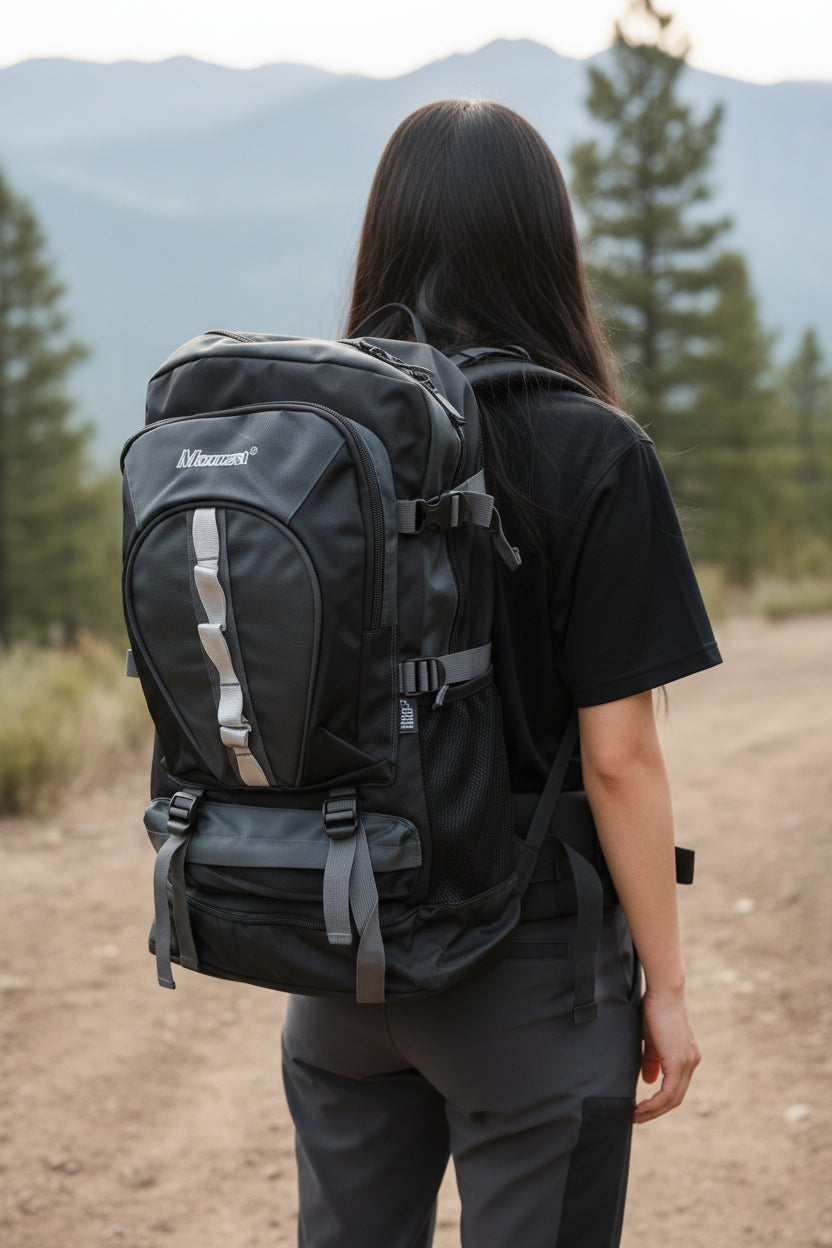 Person wearing a black backpack with mountains and trees in the background. Monza Italy, Monza Outlet, Monza Fashion, Shein Outlet