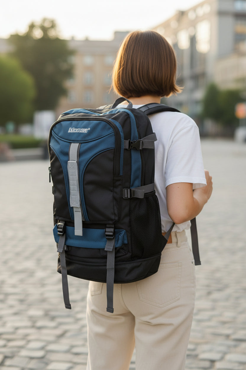Person wearing a blue and black backpack on a blurred street background. Monza Italy, Monza Outlet, Monza Fashion, Shein Outlet