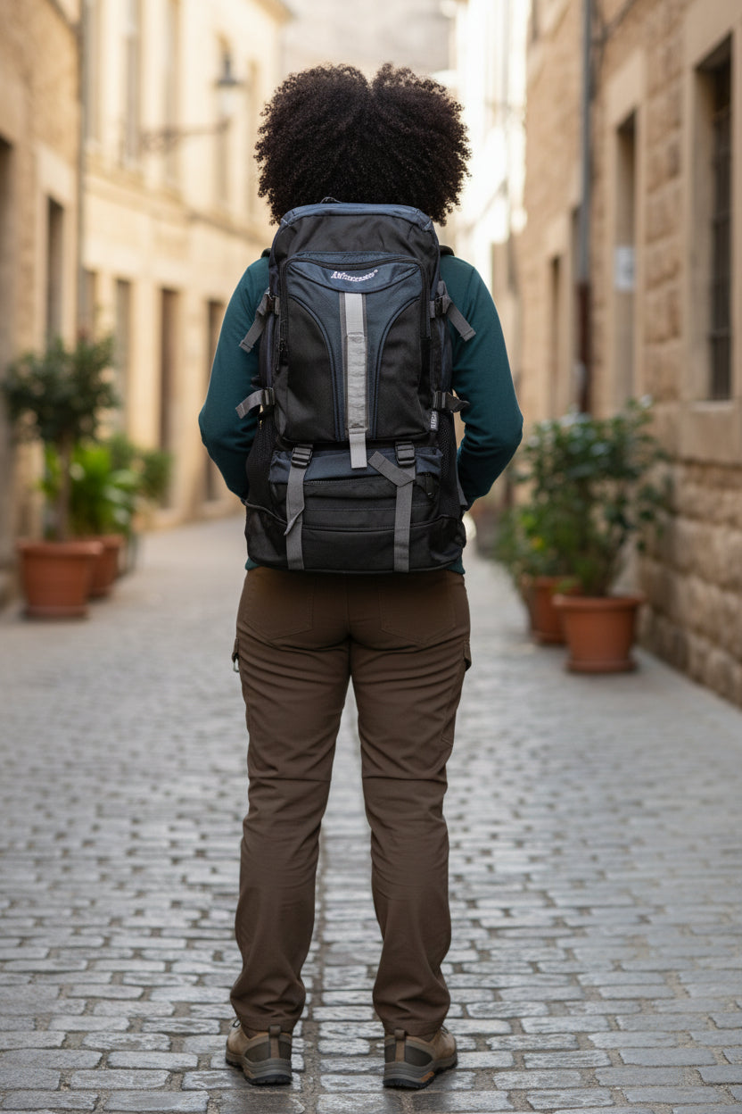 Person wearing a large black backpack walking down a narrow street. Monza Italy, Monza Outlet, Monza Fashion, Shein Outlet