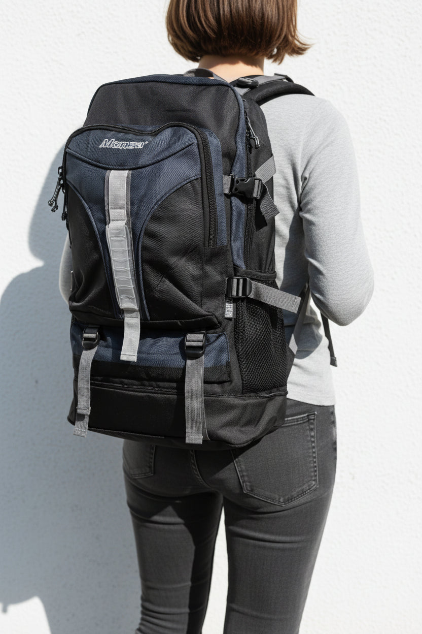 Person wearing a black and gray backpack against a white background. Monza Italy, Monza Outlet, Monza Fashion, Shein Outlet
