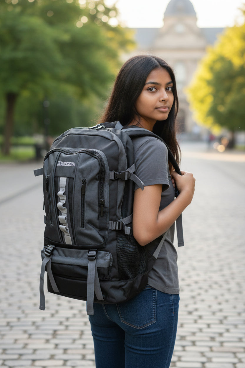 Woman wearing a large gray backpack on a street with trees and buildings in the background. Monza Italy, Monza Outlet, Monza Fashion, Shein Outlet