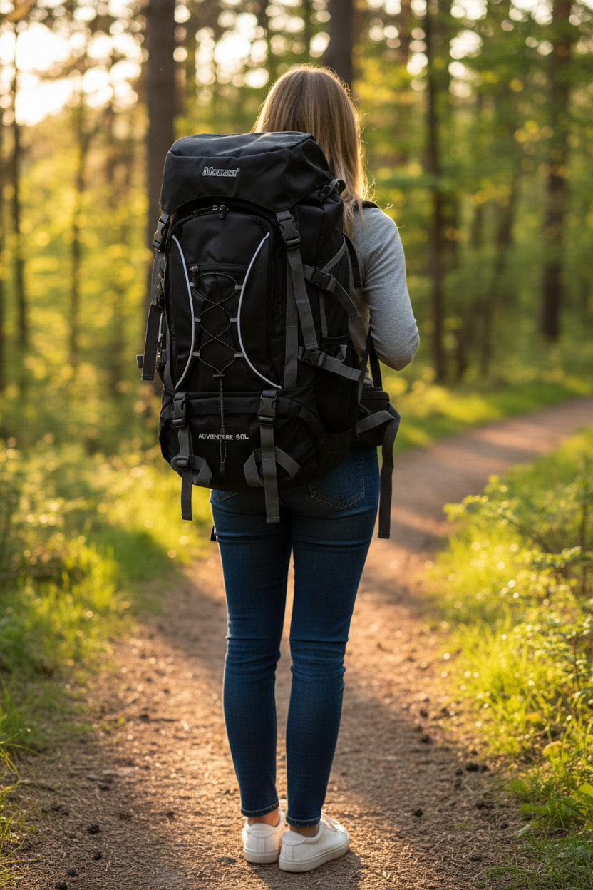 Person with a large black backpack walking on a forest path. Monza Italy, Monza Outlet, Monza Fashion, Shein Outlet