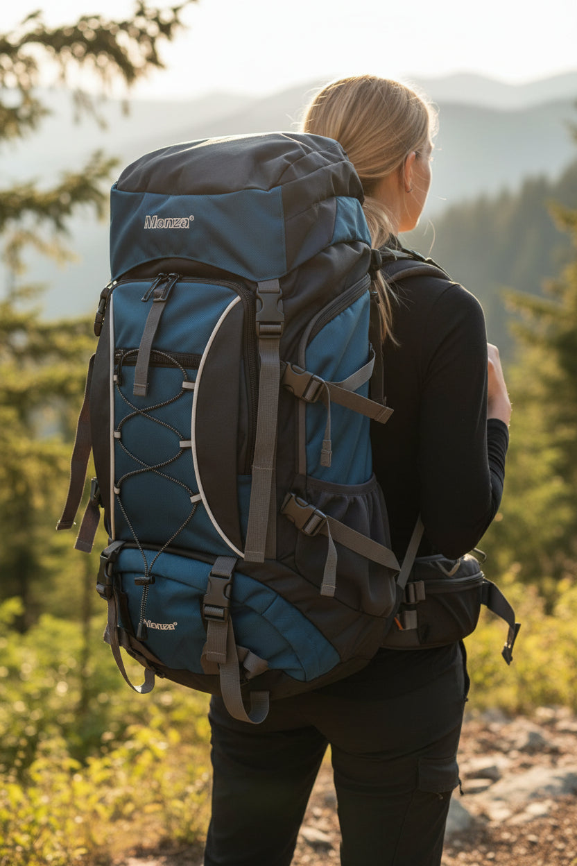 Person wearing a large blue and black backpack in a forest setting. Monza Italy, Monza Outlet, Monza Fashion, Shein Outlet