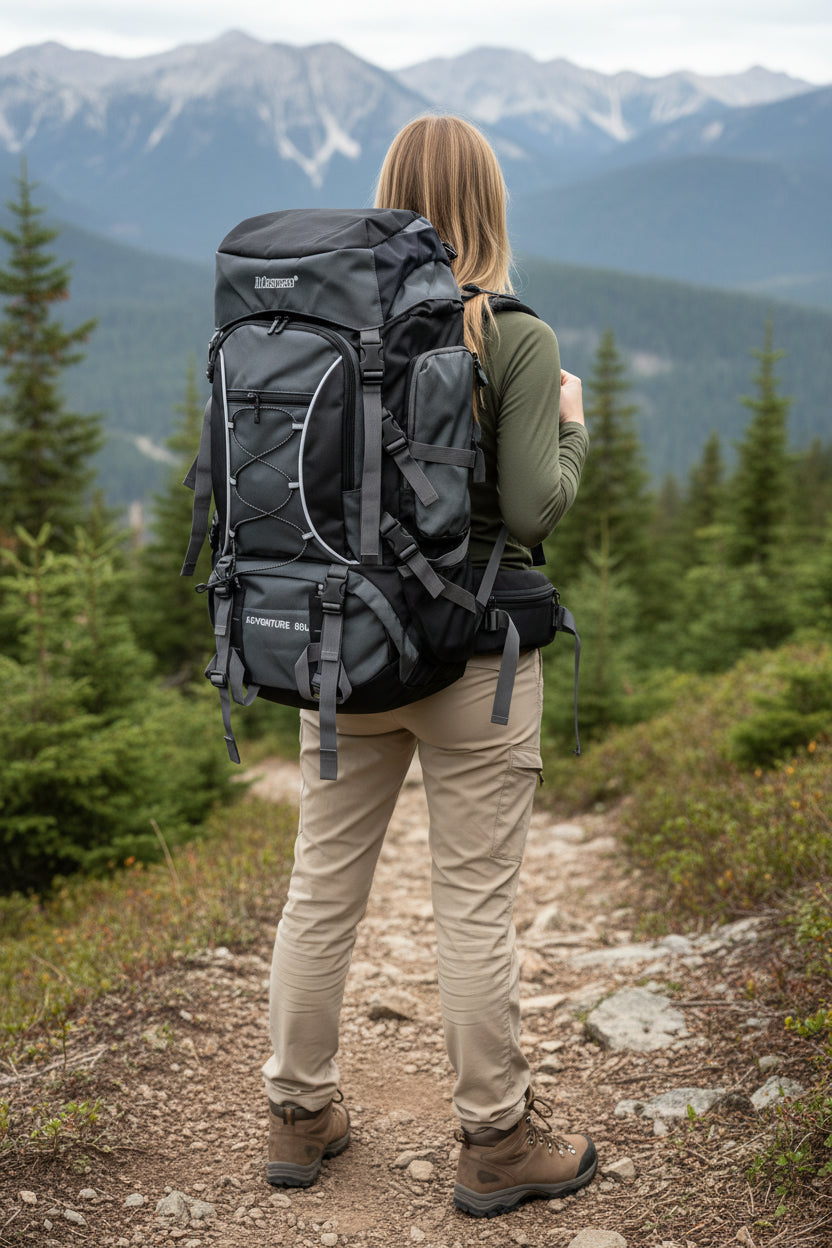 Person hiking on a trail with mountains in the background. Monza Italy, Monza Outlet, Monza Fashion, Shein Outlet