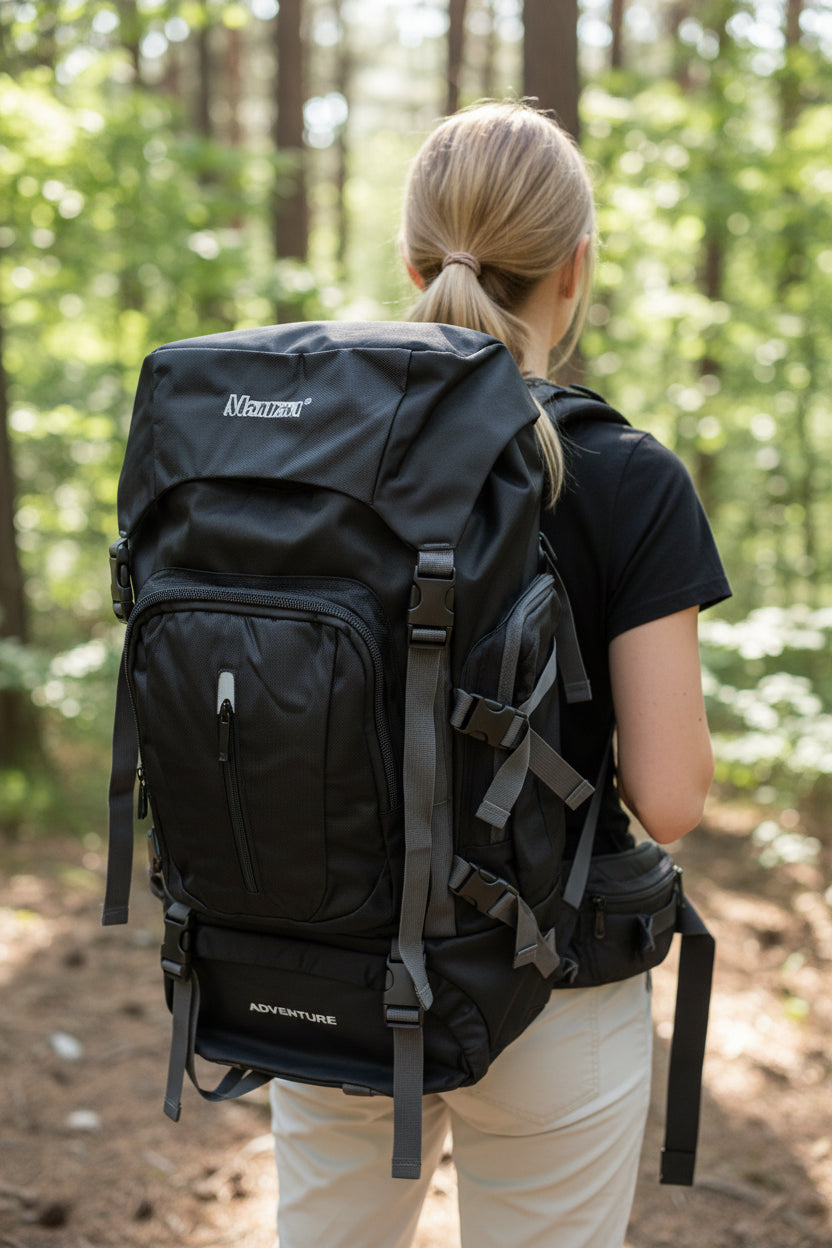 Person wearing a black backpack with Vibram branding in a forest setting. Monza Italy, Monza Outlet, Monza Fashion, Shein Outlet