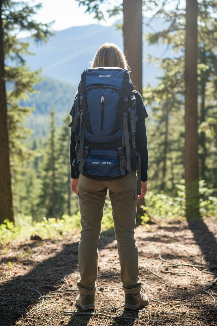 Person with a blue backpack walking through a forest with mountains in the background. Monza Italy, Monza Outlet, Monza Fashion, Shein Outlet