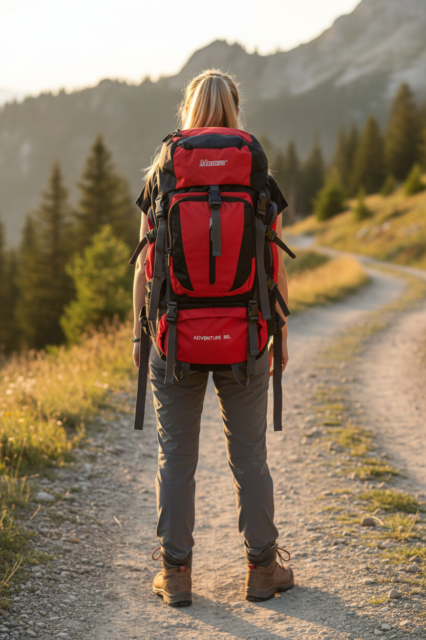 Person with a red backpack walking on a trail in a mountainous area. Monza Italy, Monza Outlet, Monza Fashion, Shein Outlet