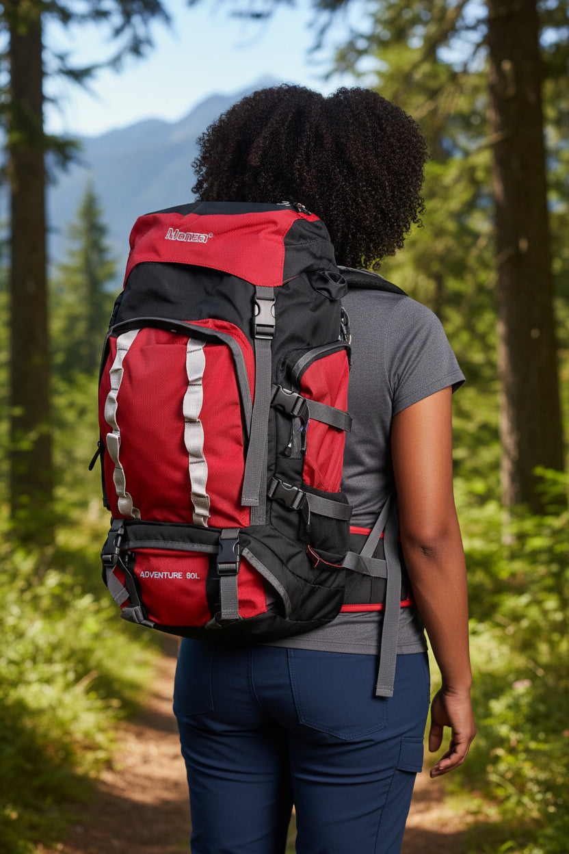 Person wearing a red and black backpack in a forest setting. Monza Italy, Monza Outlet, Monza Fashion, Shein Outlet