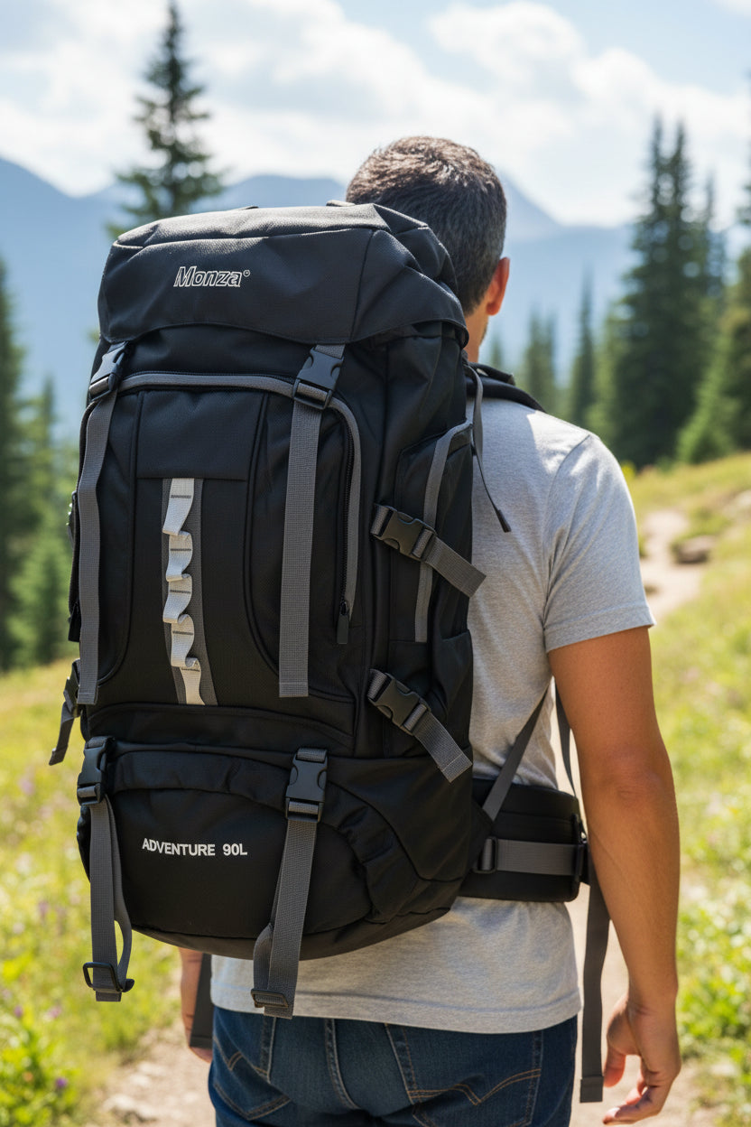 Person wearing a black backpack with Mammut branding in a mountainous area. Monza Italy, Monza Outlet, Monza Fashion, Shein Outlet
