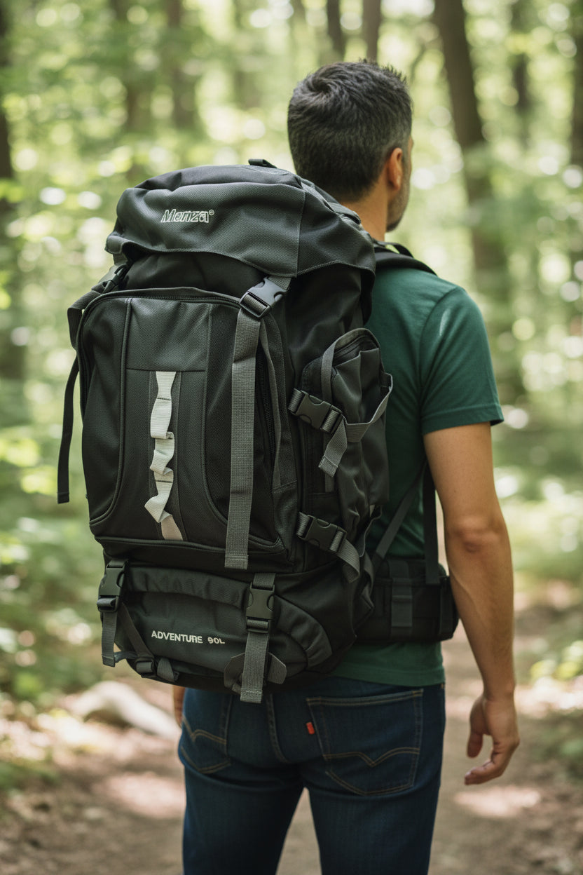 Person wearing a large black backpack in a forest setting. Monza Italy, Monza Outlet, Monza Fashion, Shein Outlet