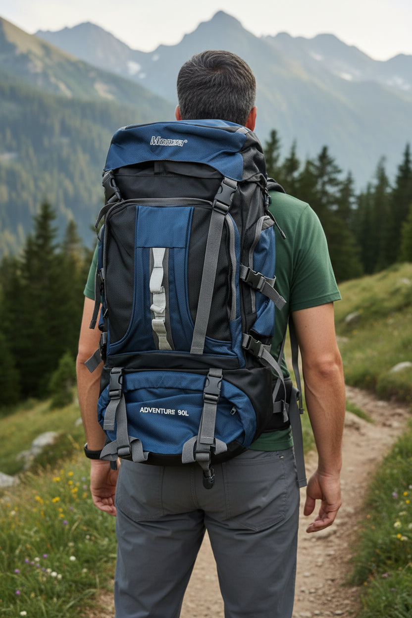 Man with a blue backpack walking on a trail in a mountainous area. Monza Italy, Monza Outlet, Monza Fashion, Shein Outlet