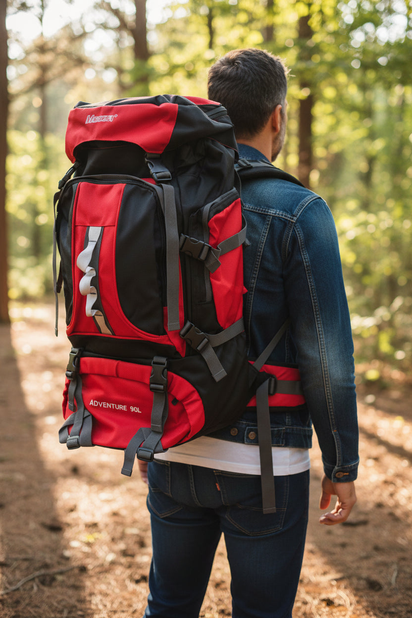 Person wearing a red and black backpack in a forest setting. Monza Italy, Monza Outlet, Monza Fashion, Shein Outlet