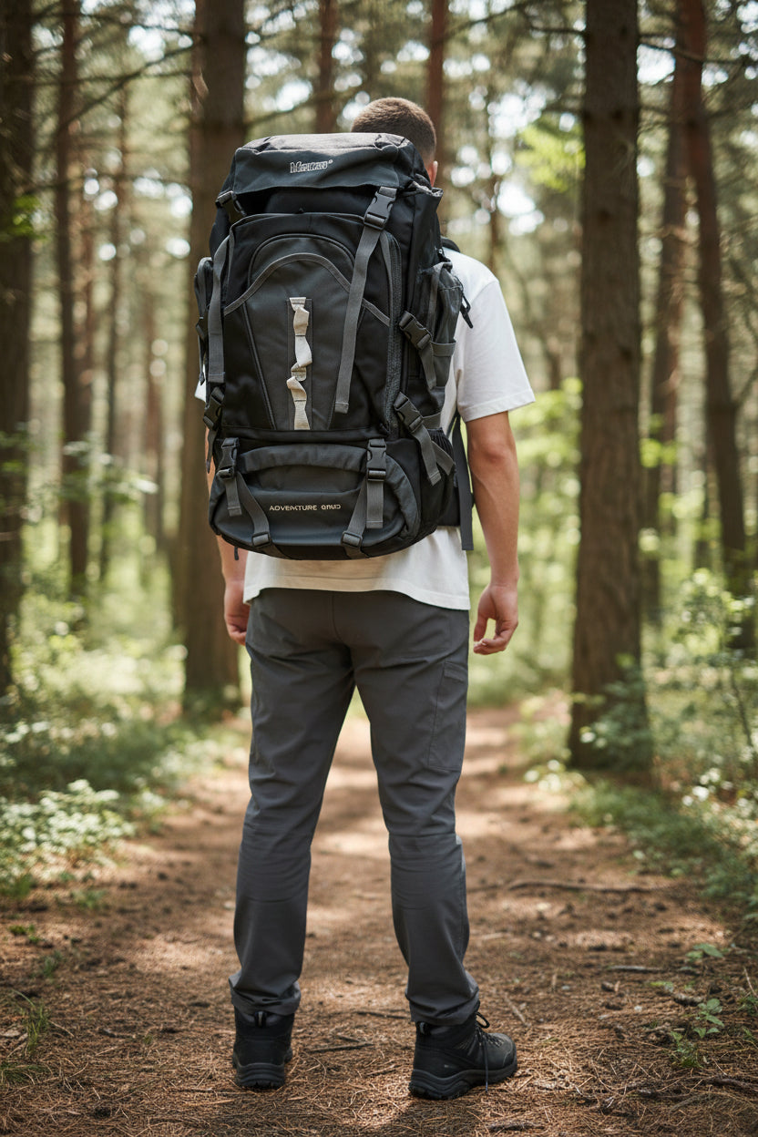 Person walking in a forest with a large black backpack. Monza Italy, Monza Outlet, Monza Fashion, Shein Outlet