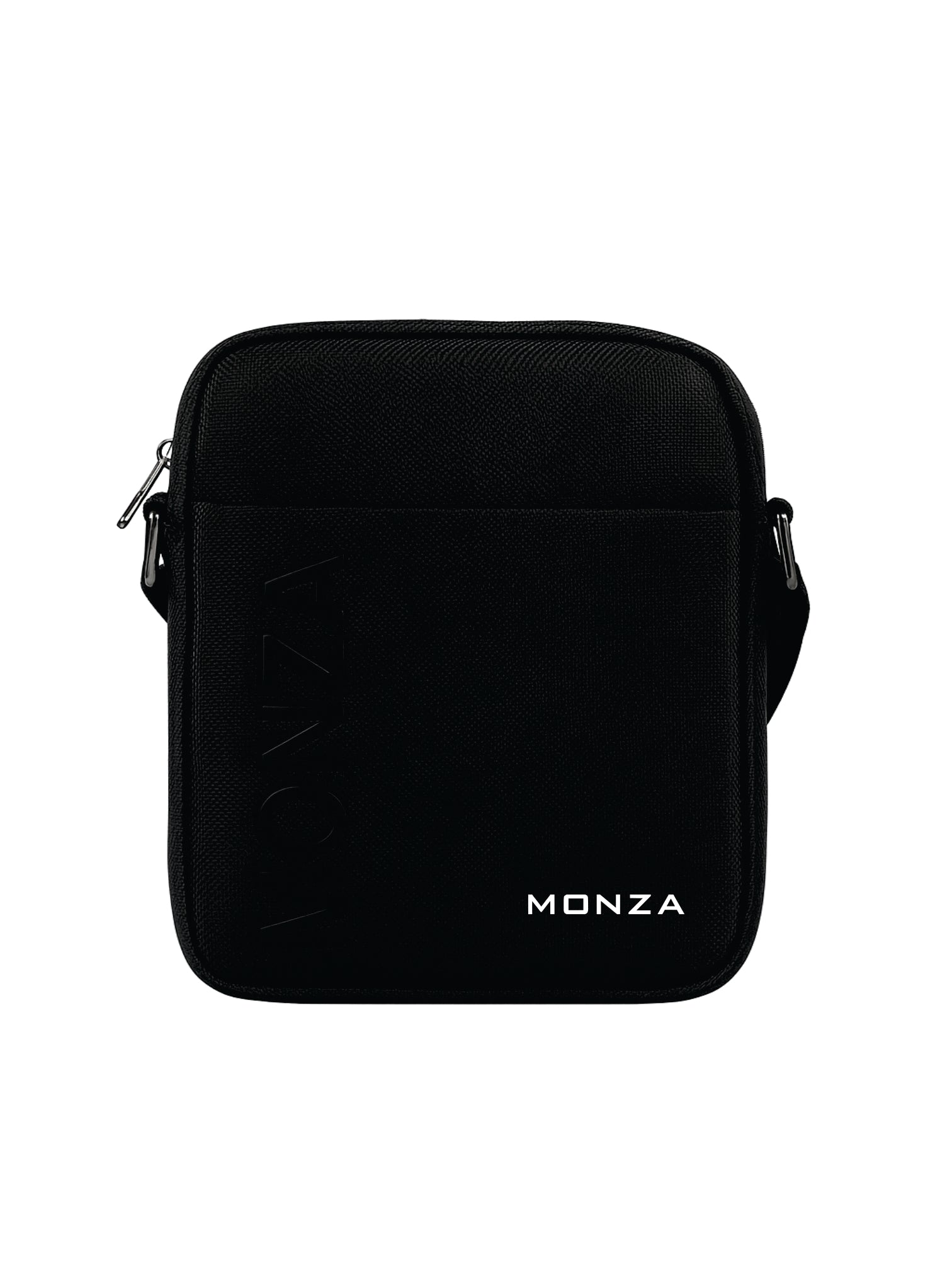 Black shoulder bag with 'MONZA' branding on a white background monza outlet, Shein outlet, monza fashion