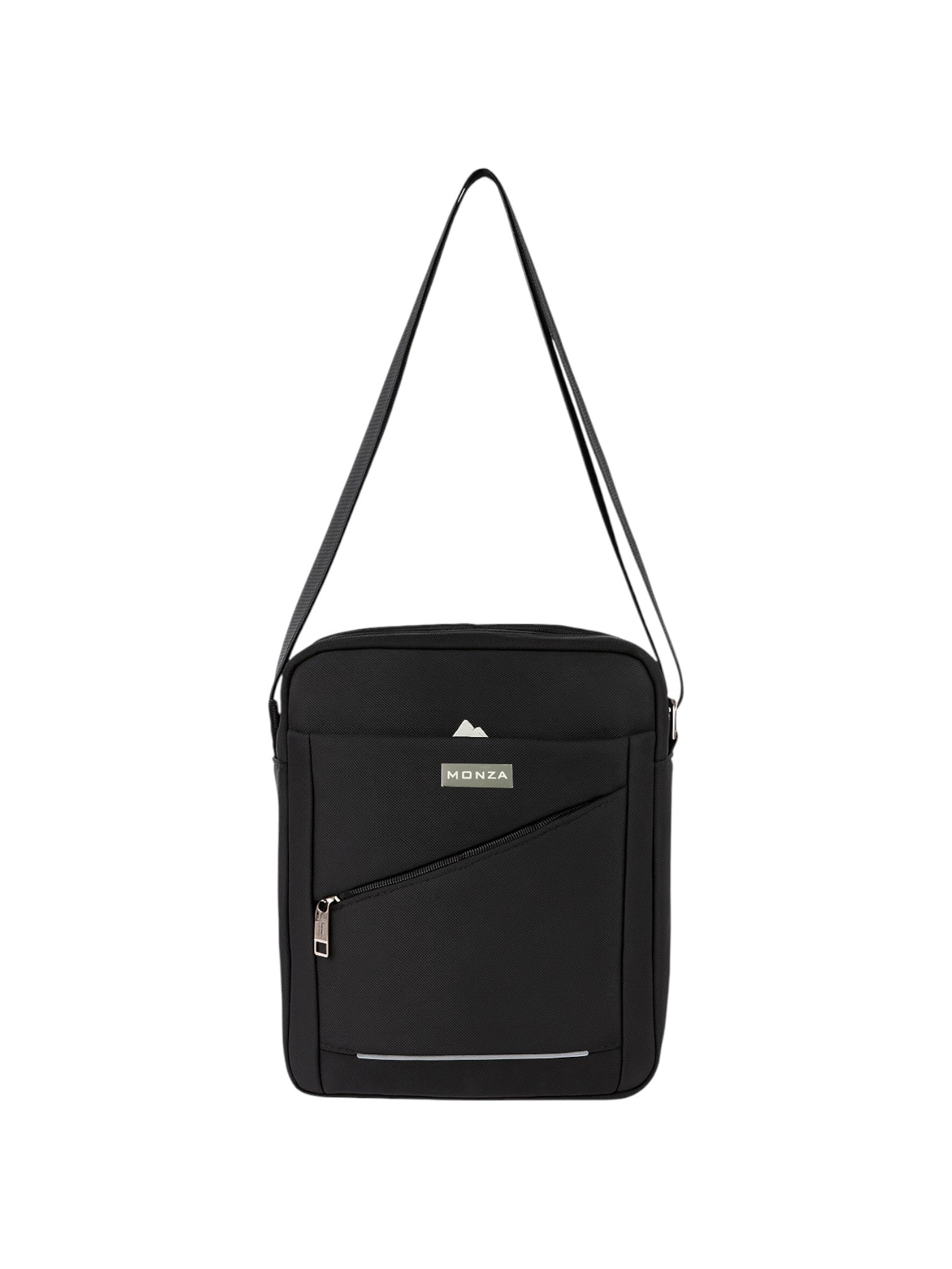 Black crossbody bag with a visible brand logo on a white background. Monza Italy Monza Outlet