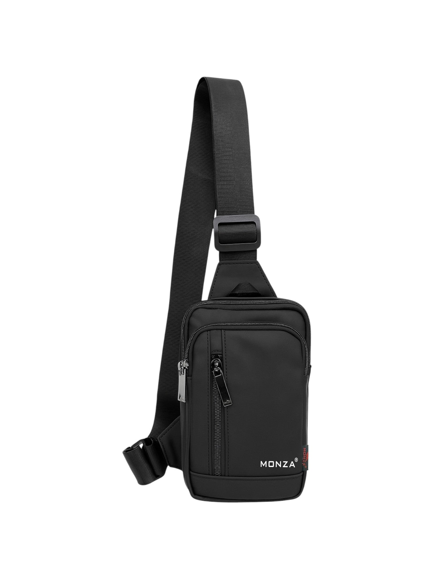 Black sling bag with Monza Italy branding on a white background