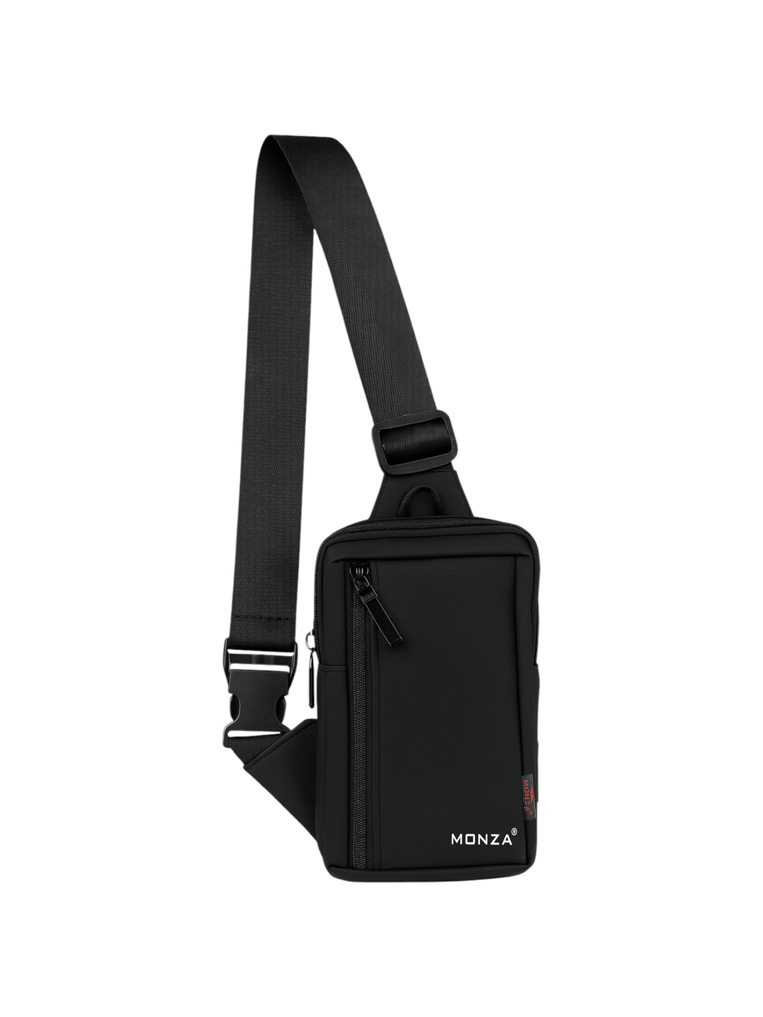 Black sling bag with Monza Italy branding on a white background