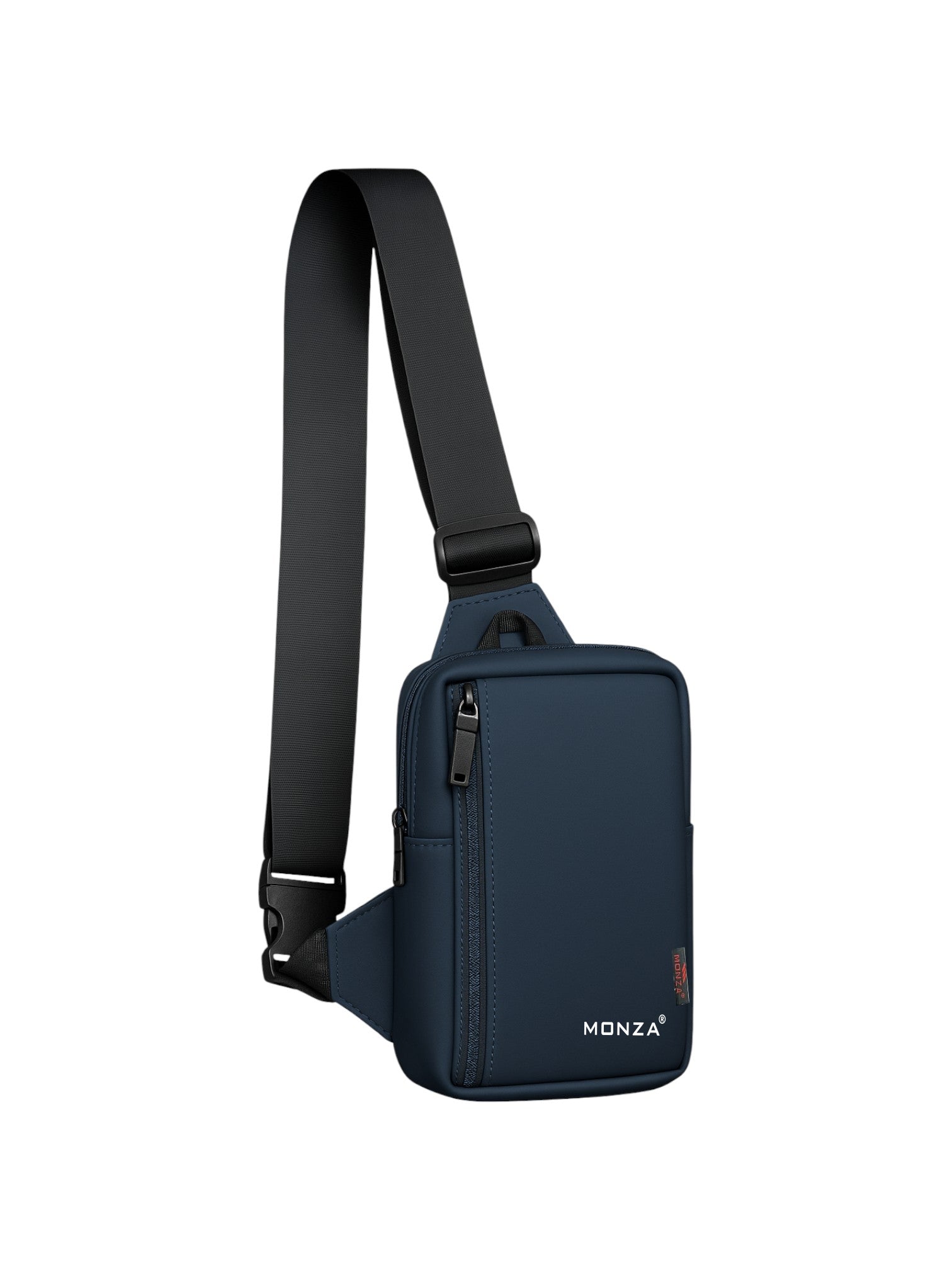 Navy blue sling bag with Monza Italy branding on a white background