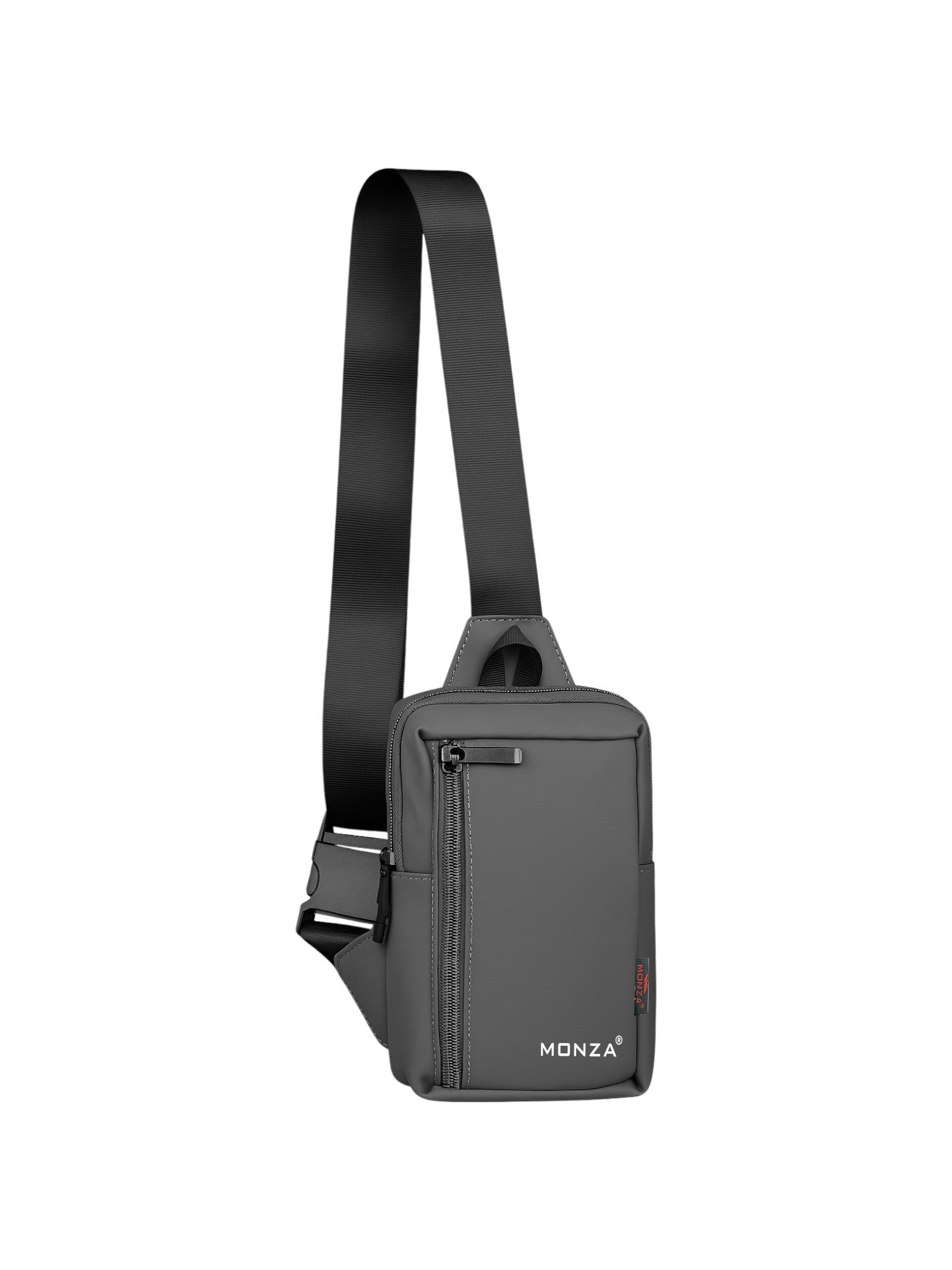 Gray sling bag with a black strap on a white background Monza Italy