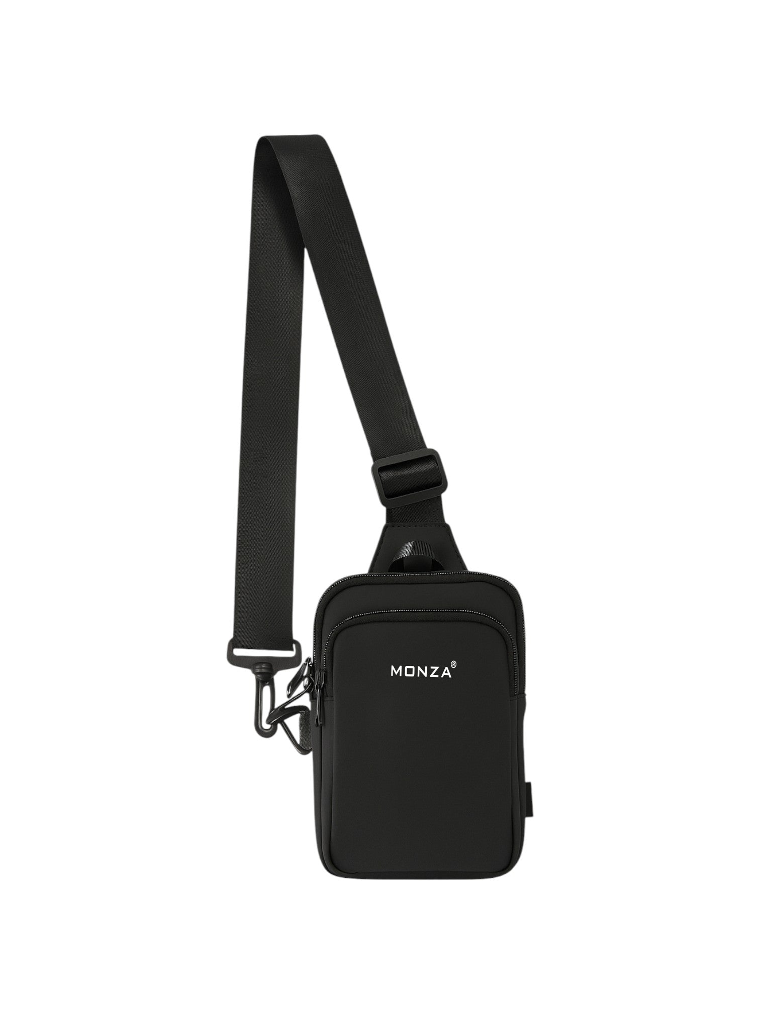 Black shoulder bag with Monza Italy branding on a white background