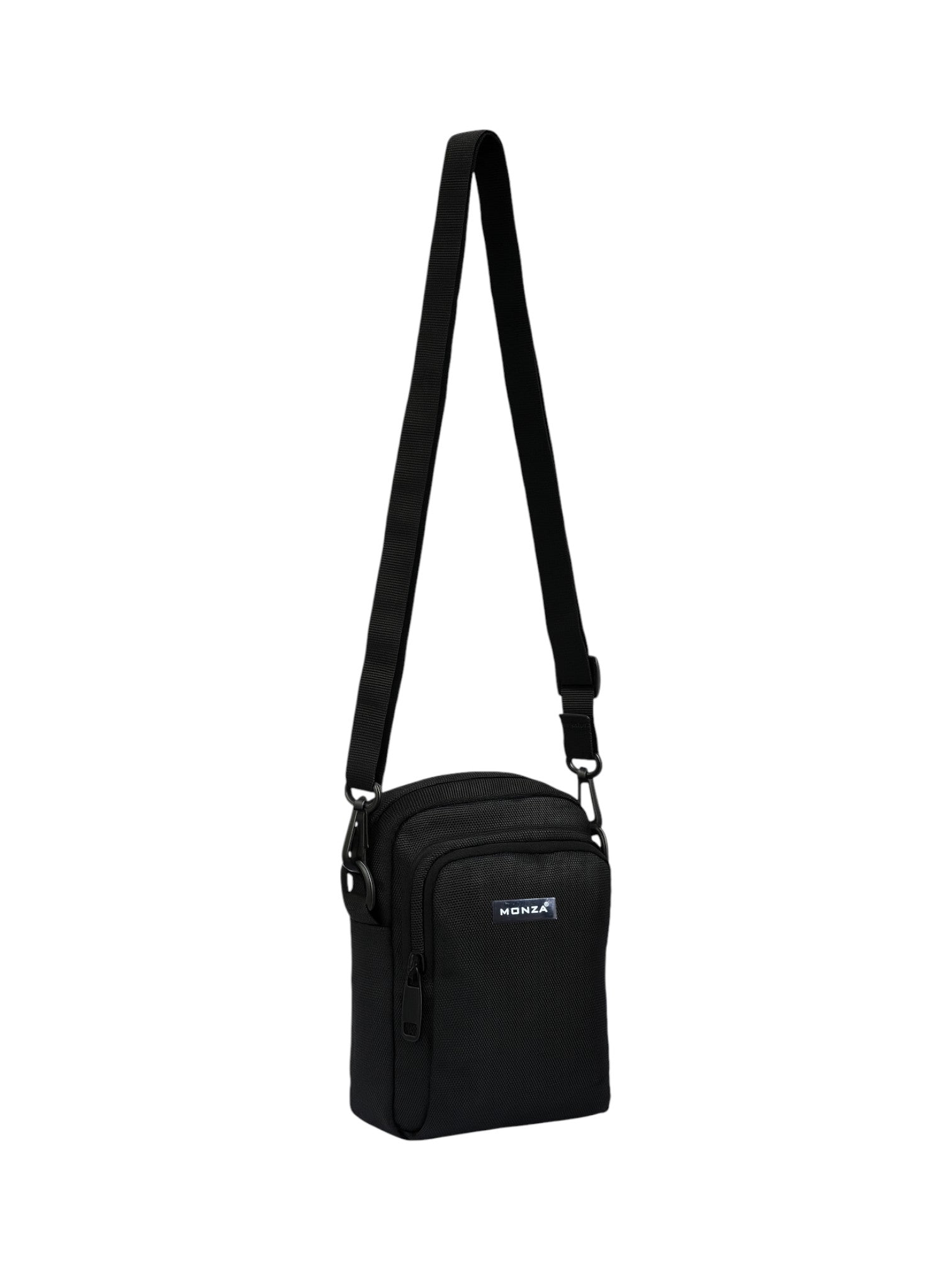Black crossbody bag with a visible brand logo on a white background Monza Italy