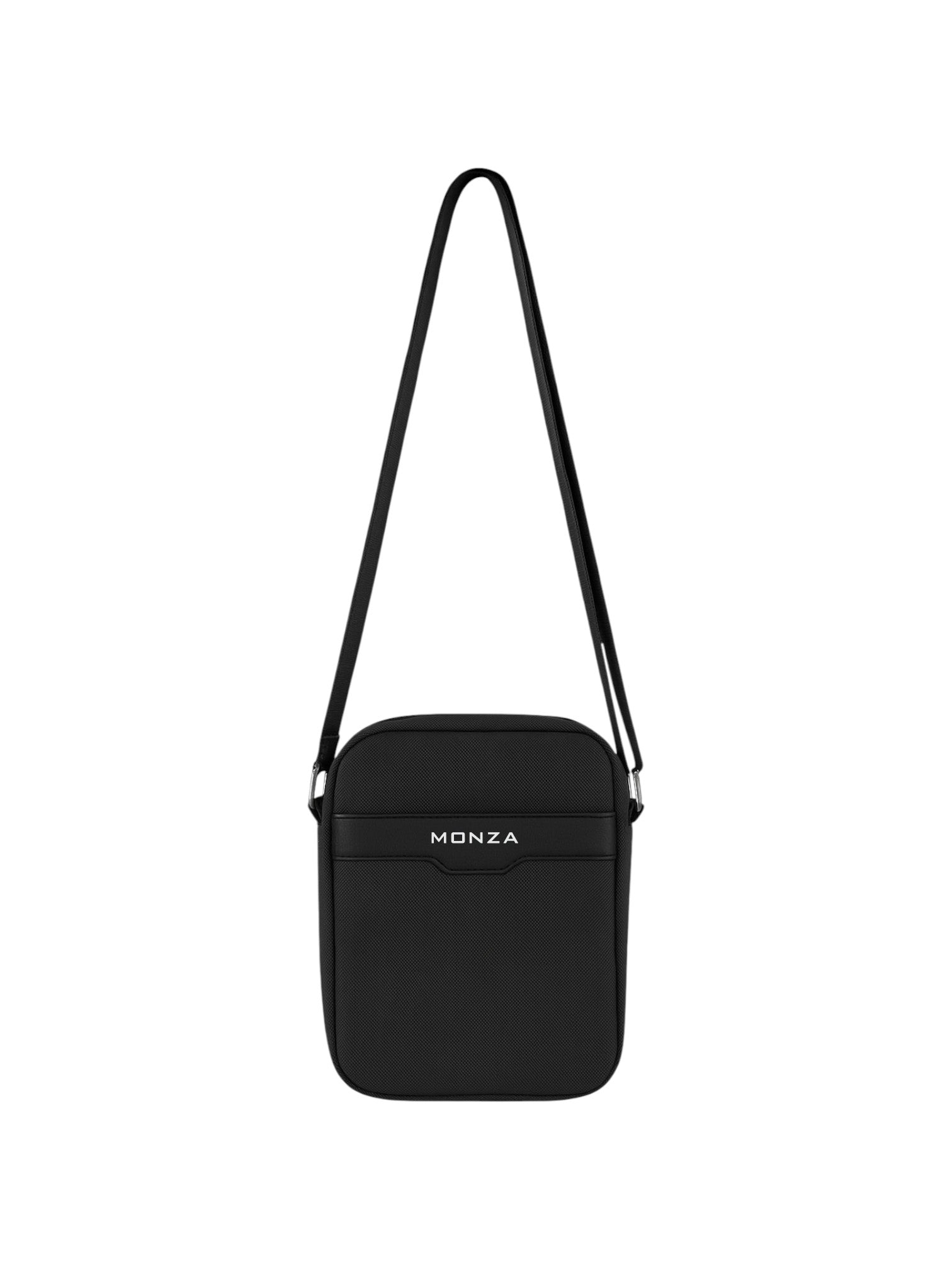 Black crossbody bag with MONZA branding on a white background. Monza Italy Monza Outlet