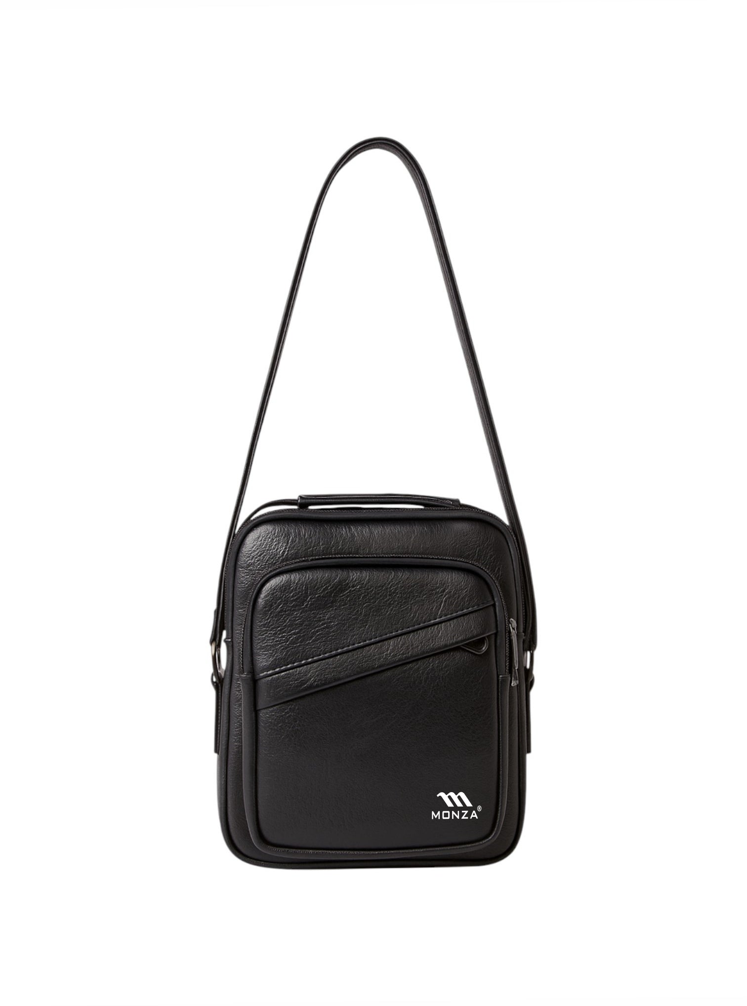 Black shoulder bag with a visible brand logo on a white background. Monza Italy Monza Outlet