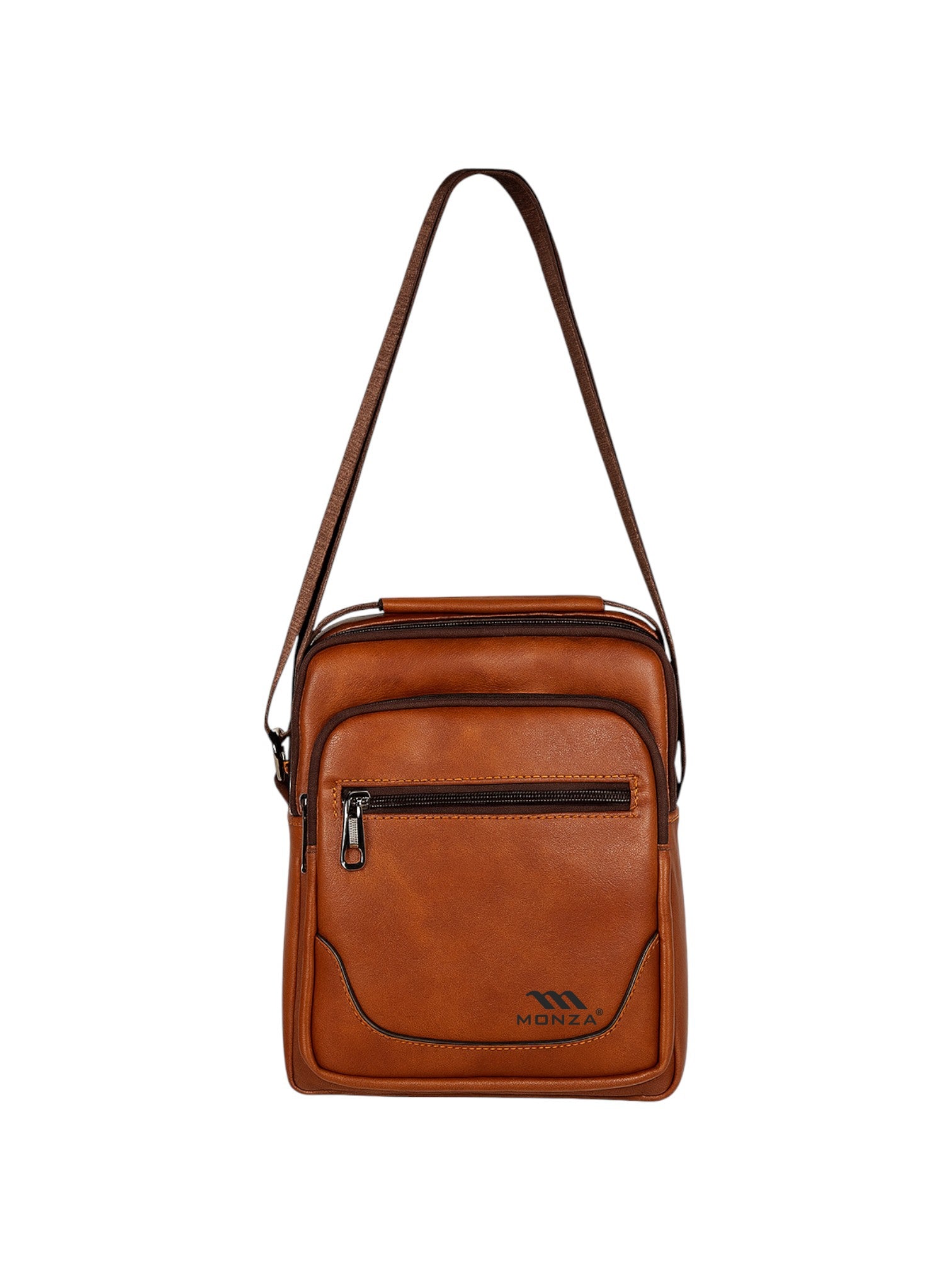 Brown leather crossbody bag on a white background. Monza Italy Monza Outlet