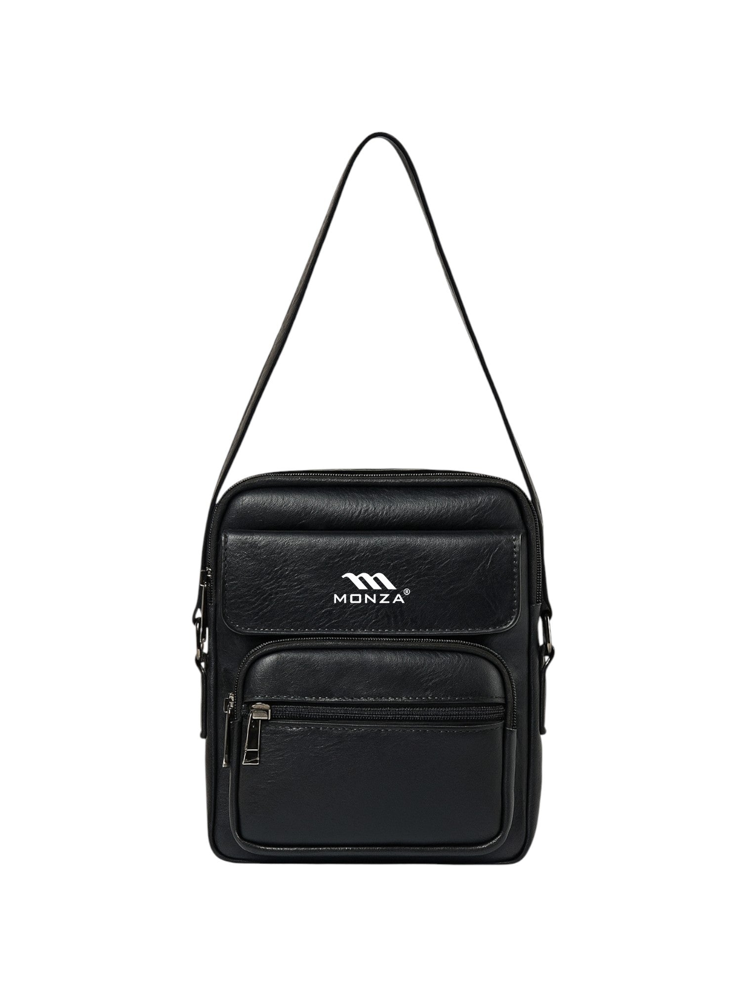 Black shoulder bag with Monza branding on a white background. Monza Italy Monza Outlet