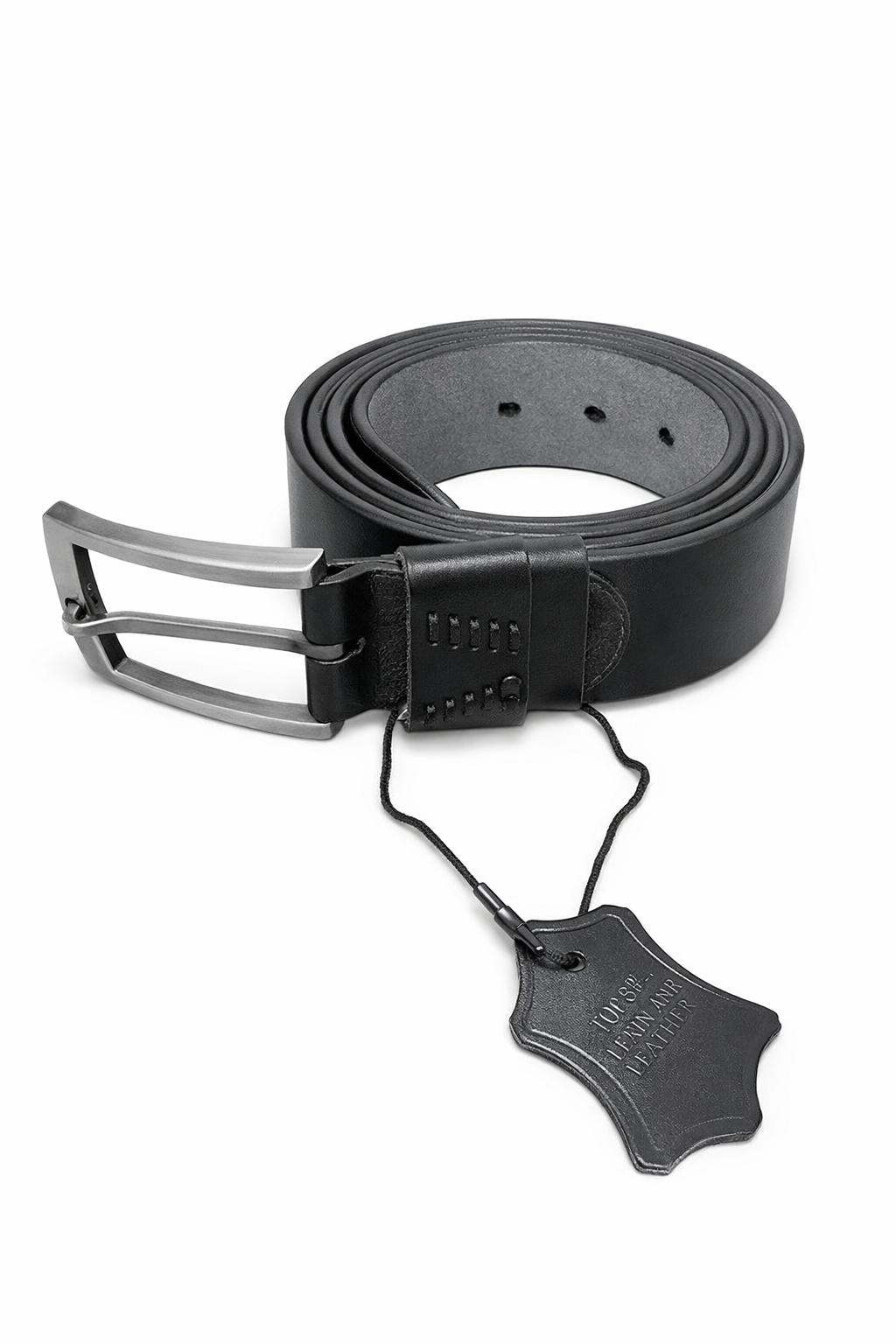 Black leather belt with silver buckle on a white background. Monza Italy, Monza Outlet, Monza Fashion, Shein Outlet