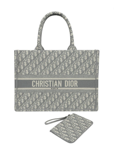 Gray tote bag with Christian Dior logo and matching pouch on a white background Monza Outlet