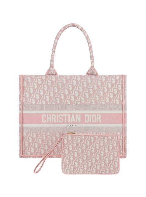 Pink tote bag with white pattern and Christian Dior branding on a white background Monza Outlet