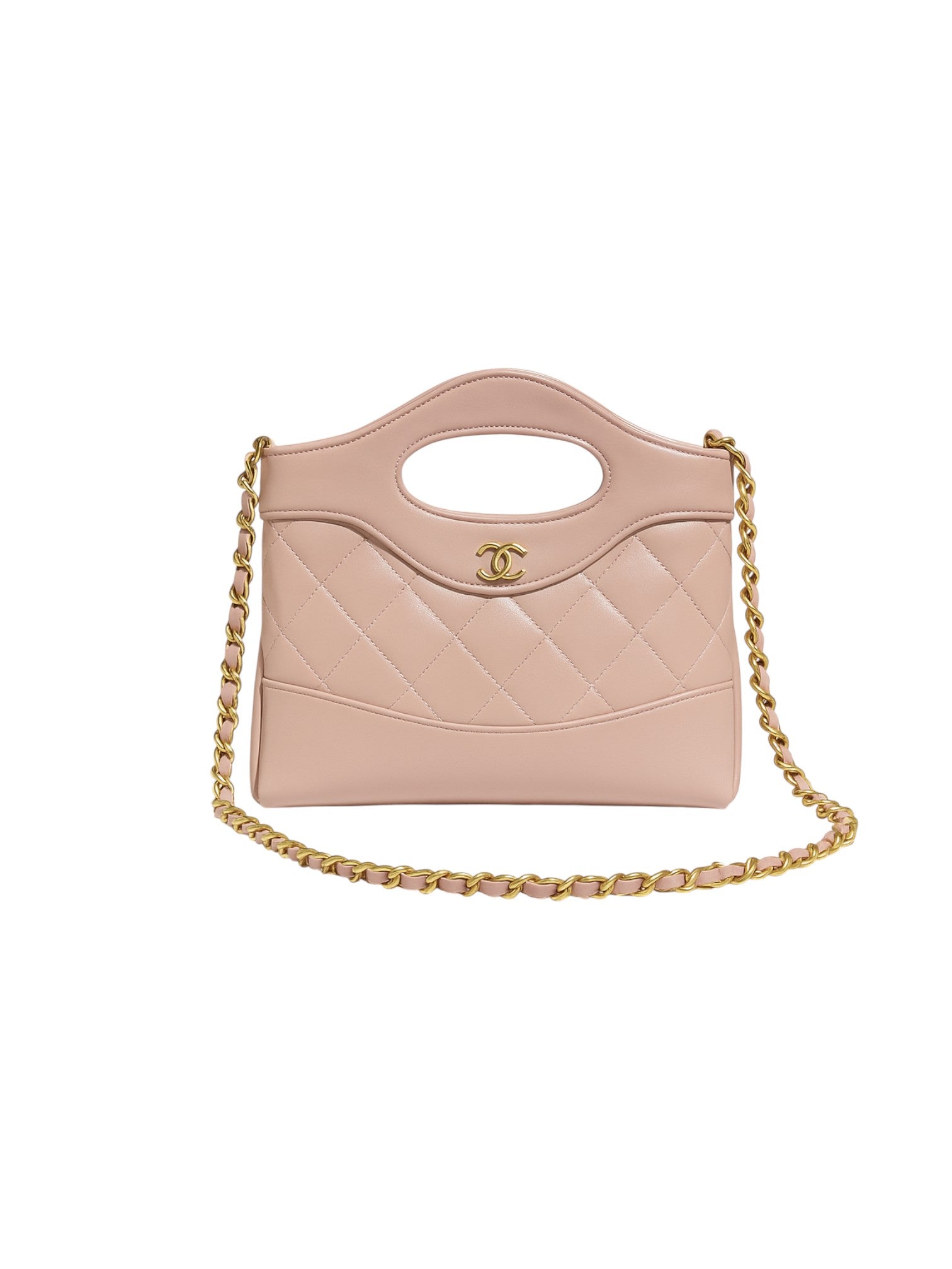 Pink handbag with gold chain on a white background Chanel, Monza Outlet, Monza Fashion, Shein Outlet