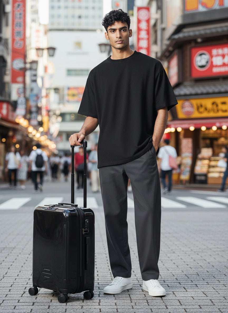 Man with a black suitcase on a city street. Ricardo, Monza Outlet, Monza Fashion, Shein Outlet