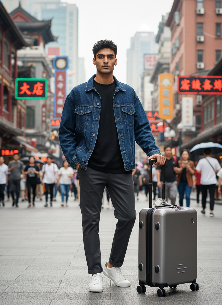 Man with a suitcase walking through a busy city street with traditional architecture. Ricardo, Monza Outlet, Monza Fashion, Shein Outlet