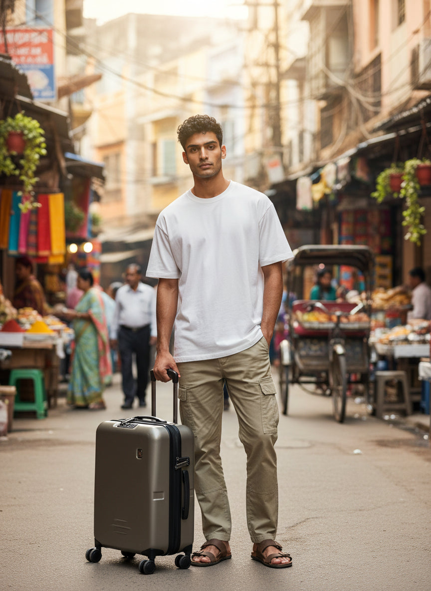 Man with a suitcase standing on a street in an urban setting. Ricardo, Monza Outlet, Monza Fashion, Shein Outlet