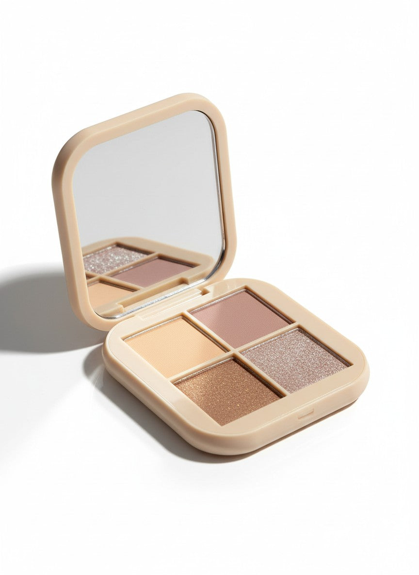 Makeup palette with four shades in a beige case on a white background. Riva Girl, Monza Outlet, Monza Fashion, Shein Outlet