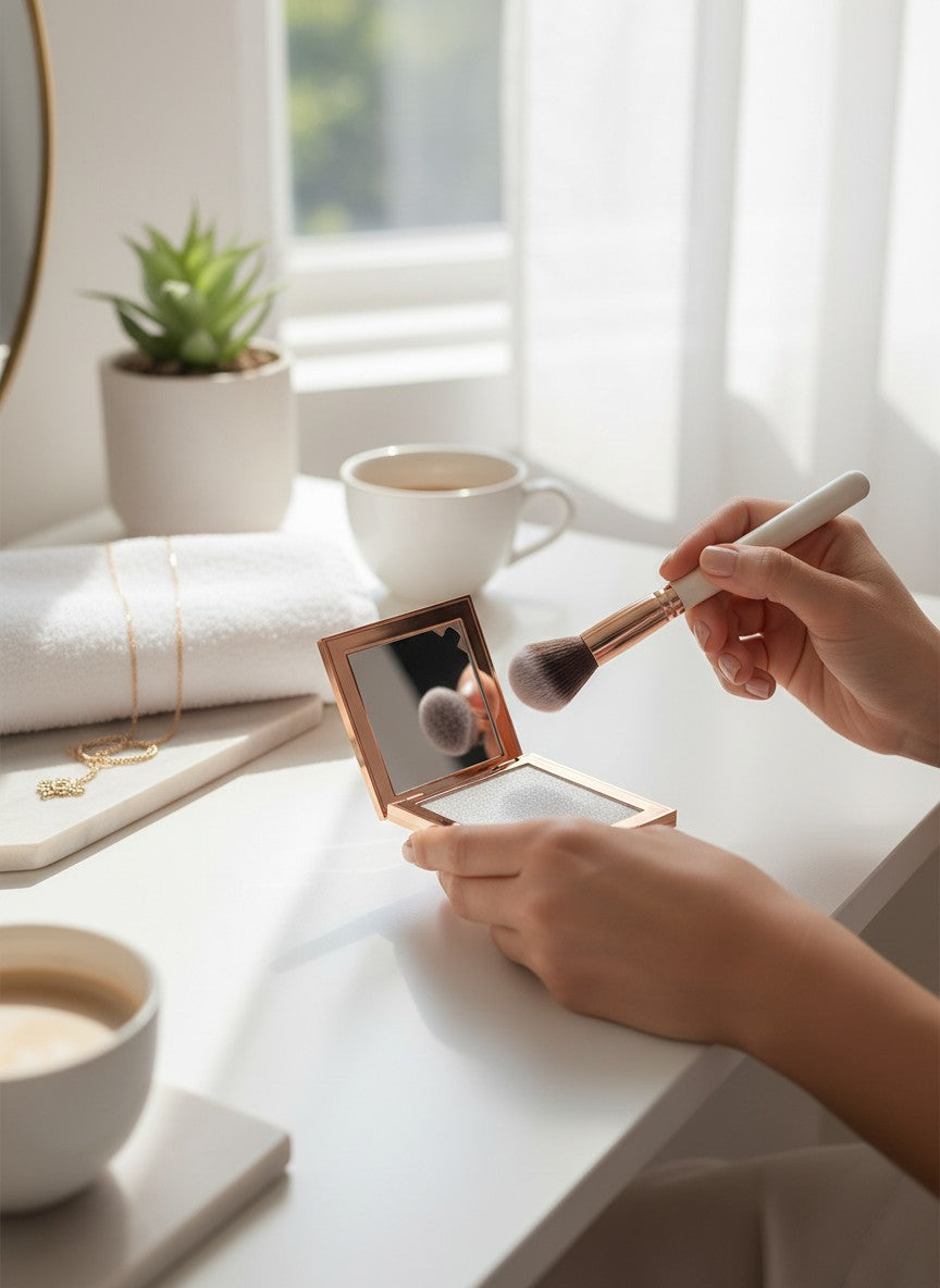 Person applying makeup with a brush and compact mirror on a white surface. Riva Girl, Monza Outlet, Monza Fashion, Shein Outlet