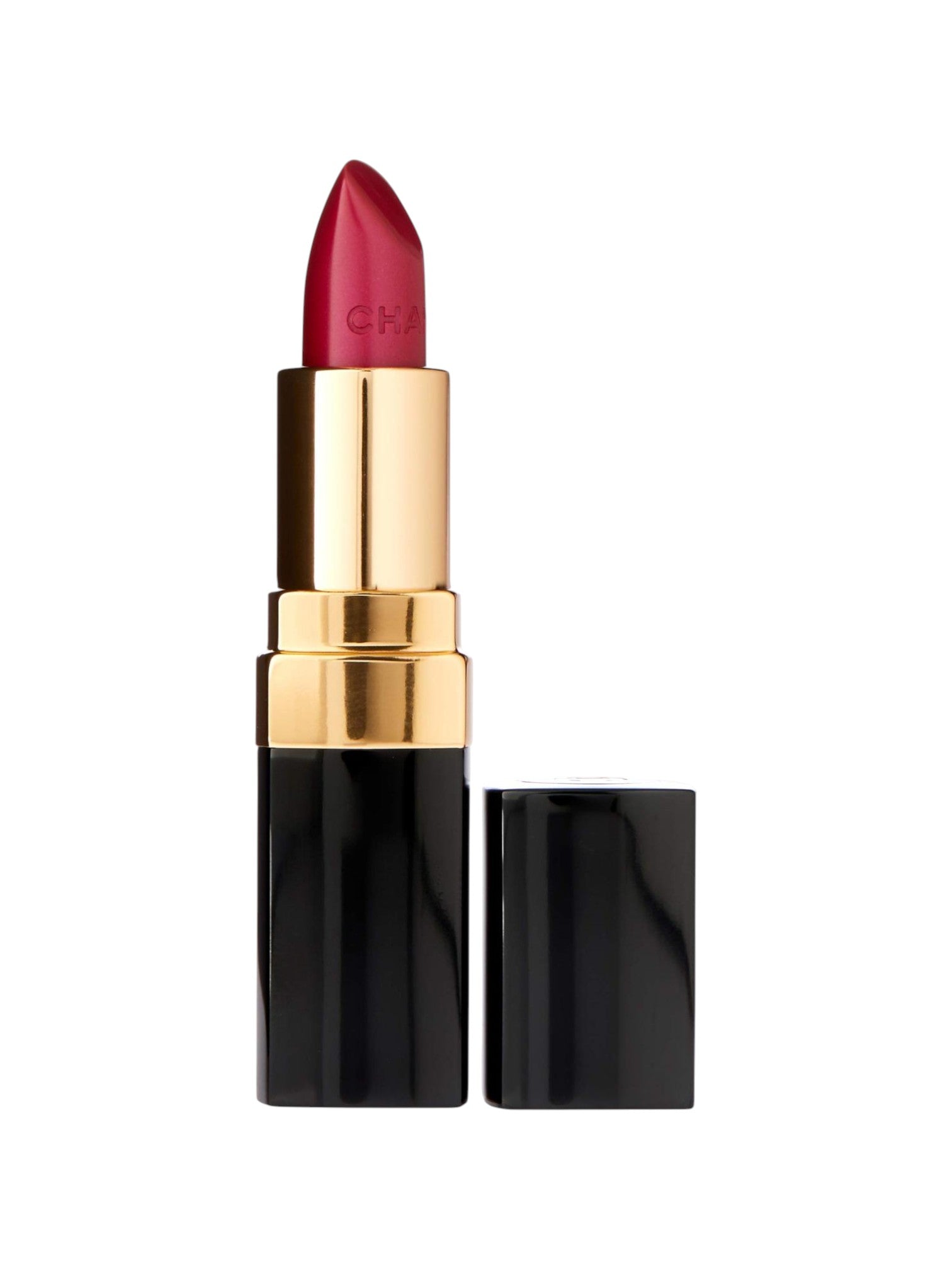 Red lipstick with gold cap and black casing on a white background. Chanel, Monza Outlet, Monza Fashion, Shein Outlet