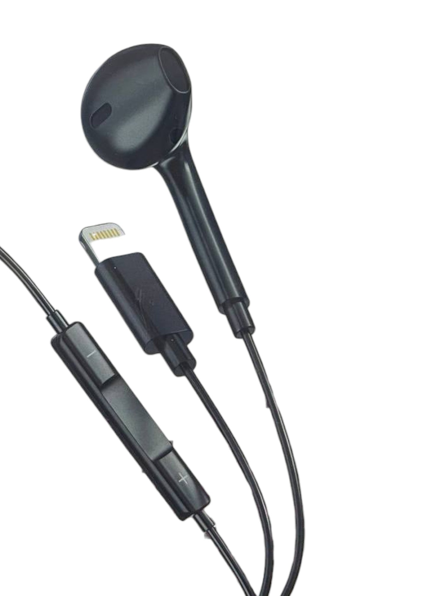 Black earbud headphones with Lightning connector on a white background. Saafo, Monza Outlet, Monza Fashion, Shein Outlet