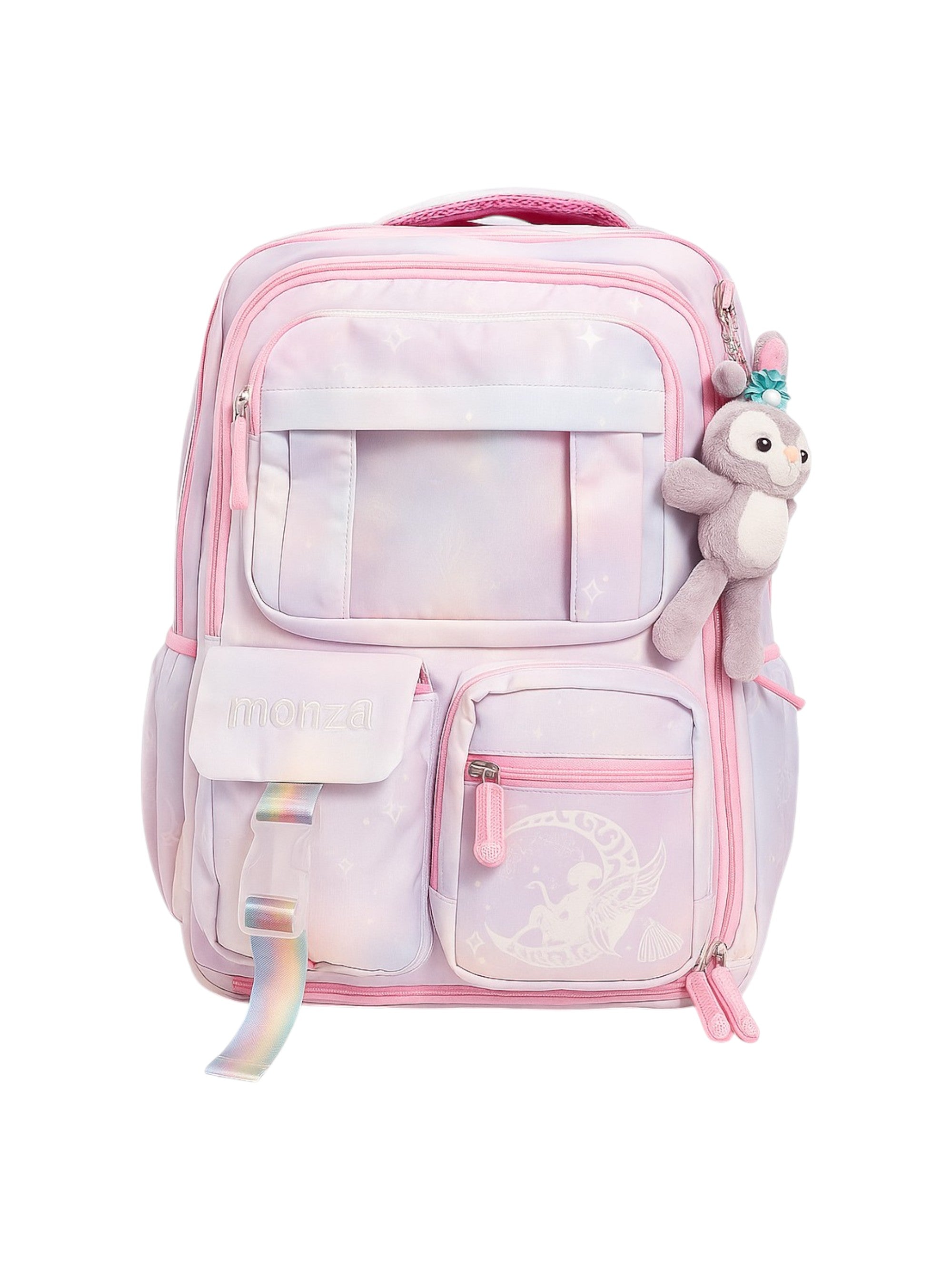 Pastel-colored backpack with a plush toy on a white background monza outlet, Shein outlet, monza fashion