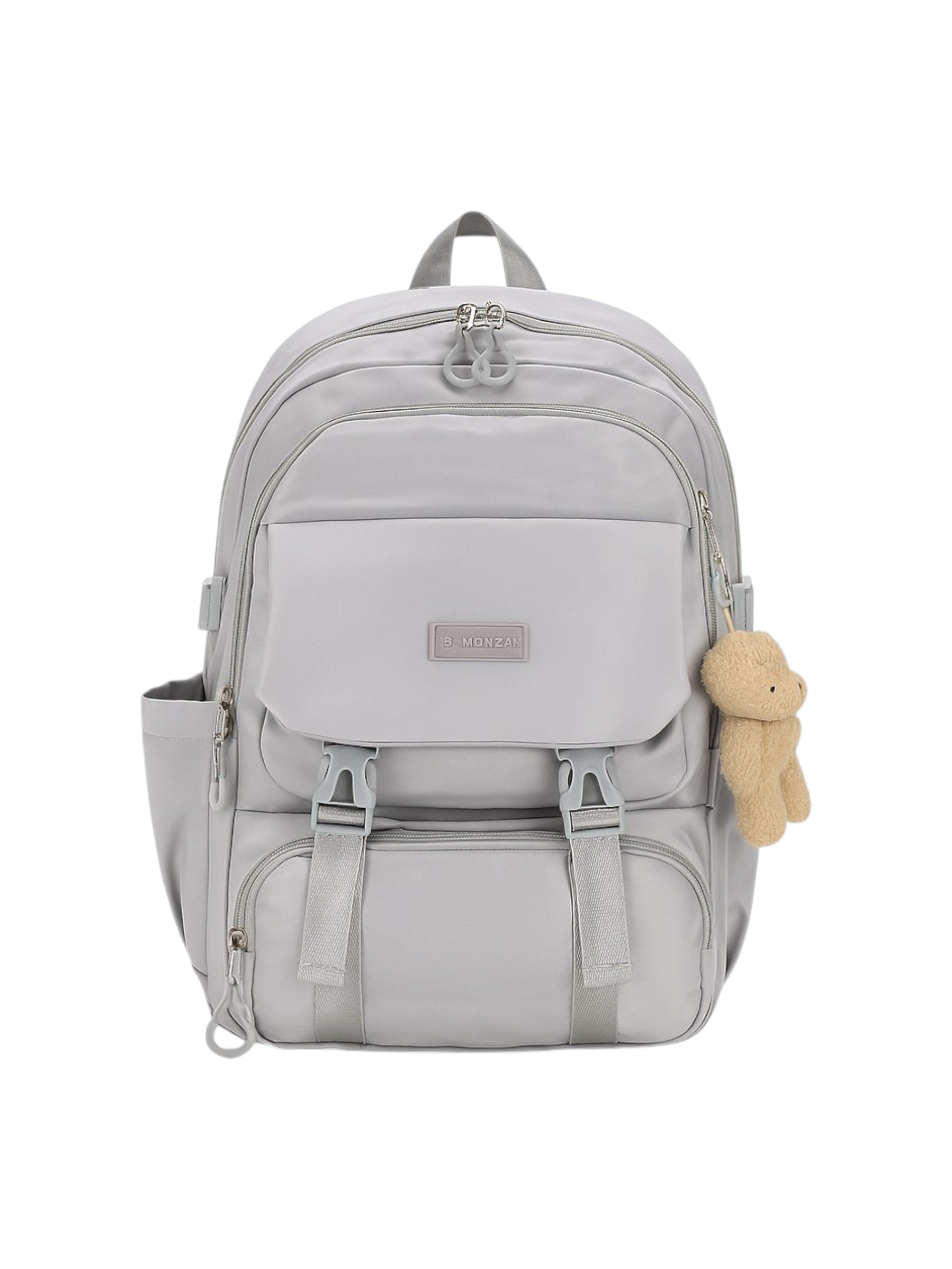 Gray backpack with a teddy bear plush toy on a white background monza outlet, Shein outlet, monza fashion