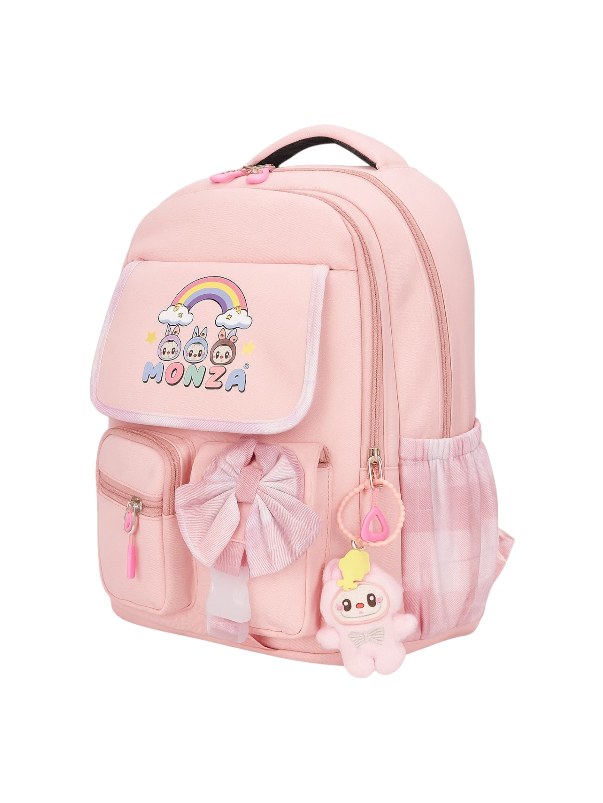Pink backpack with cartoon character and decorative elements on a white background monza outlet, Shein outlet, monza fashion