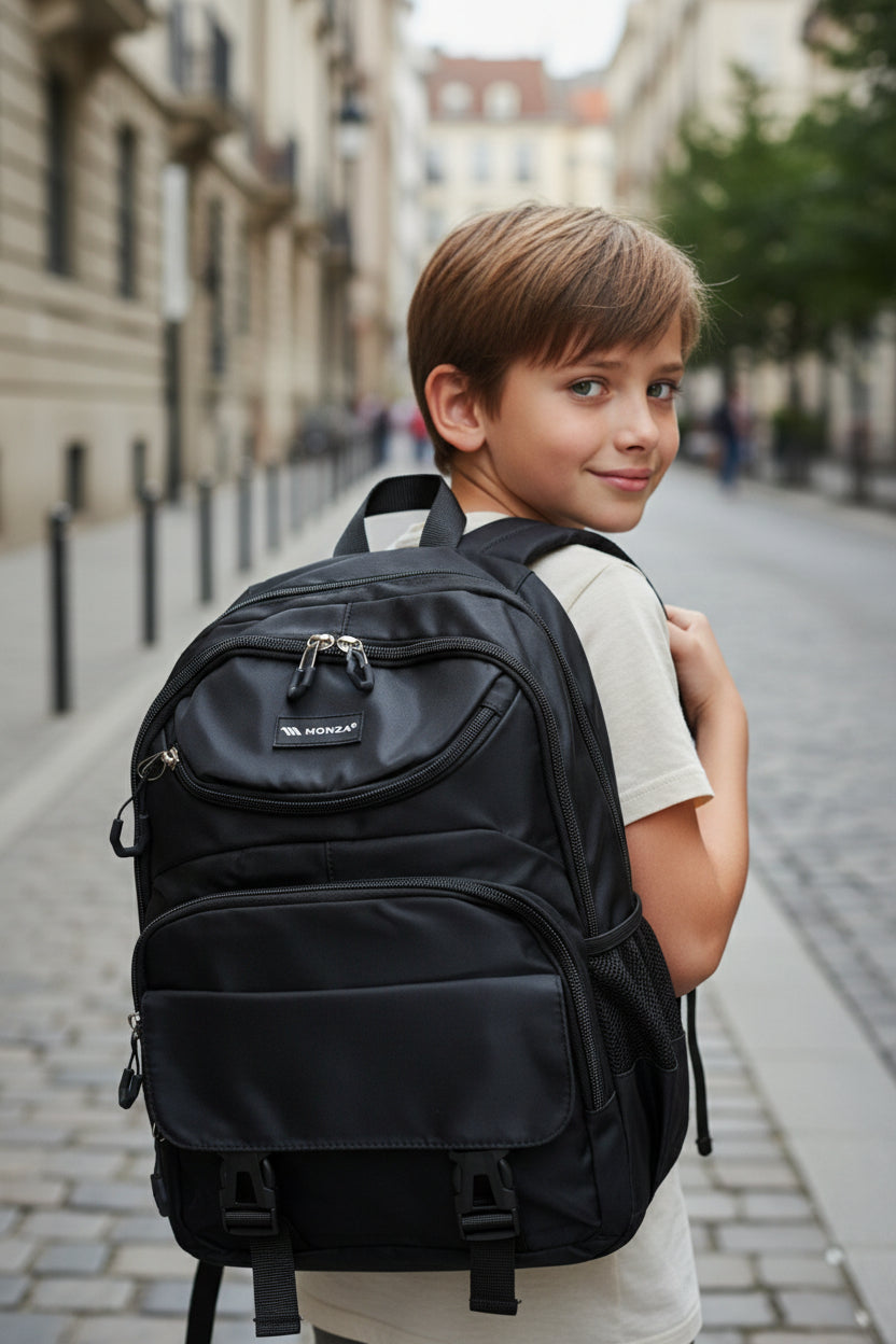 Child wearing a black backpack on a city street. Monza Italy, Monza Outlet, Monza Fashion, Shein Outlet