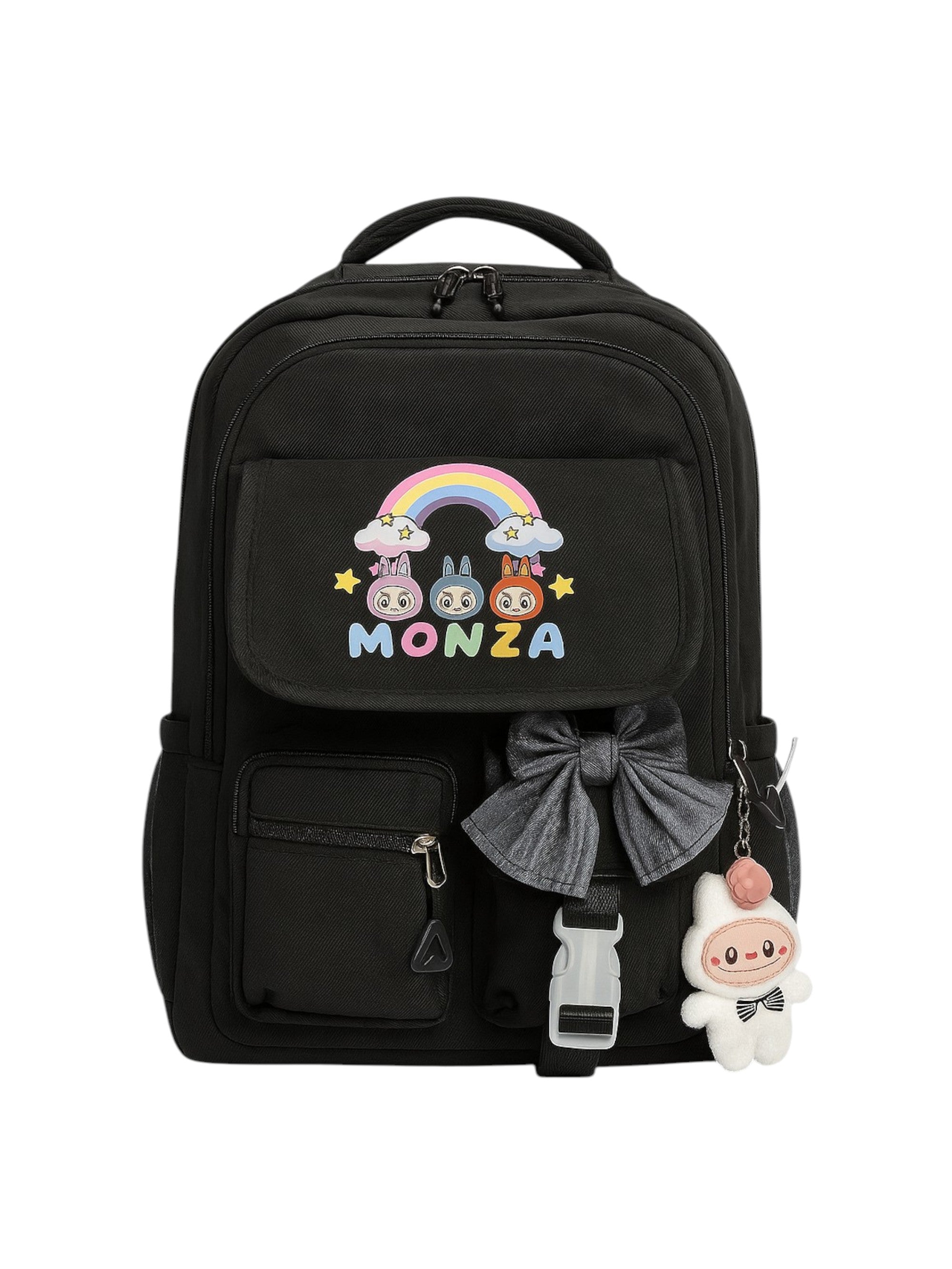 Black backpack with cartoon characters and 'MONZA' branding on a white background monza outlet, Shein outlet, monza fashion